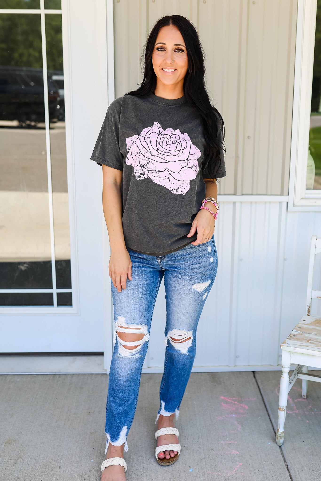 Distressed Rose Graphic Tee - Pepper