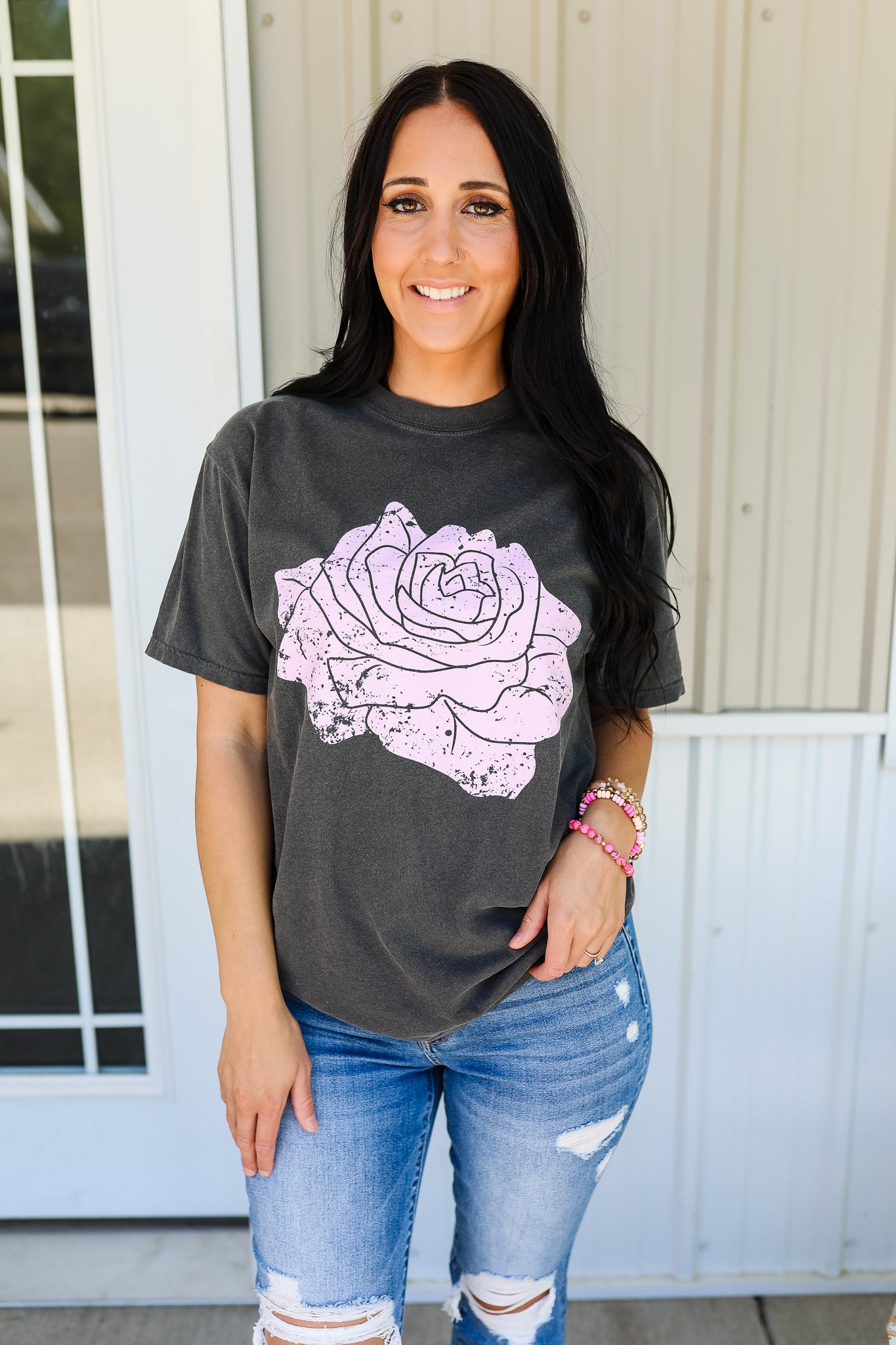 Distressed Rose Graphic Tee - Pepper