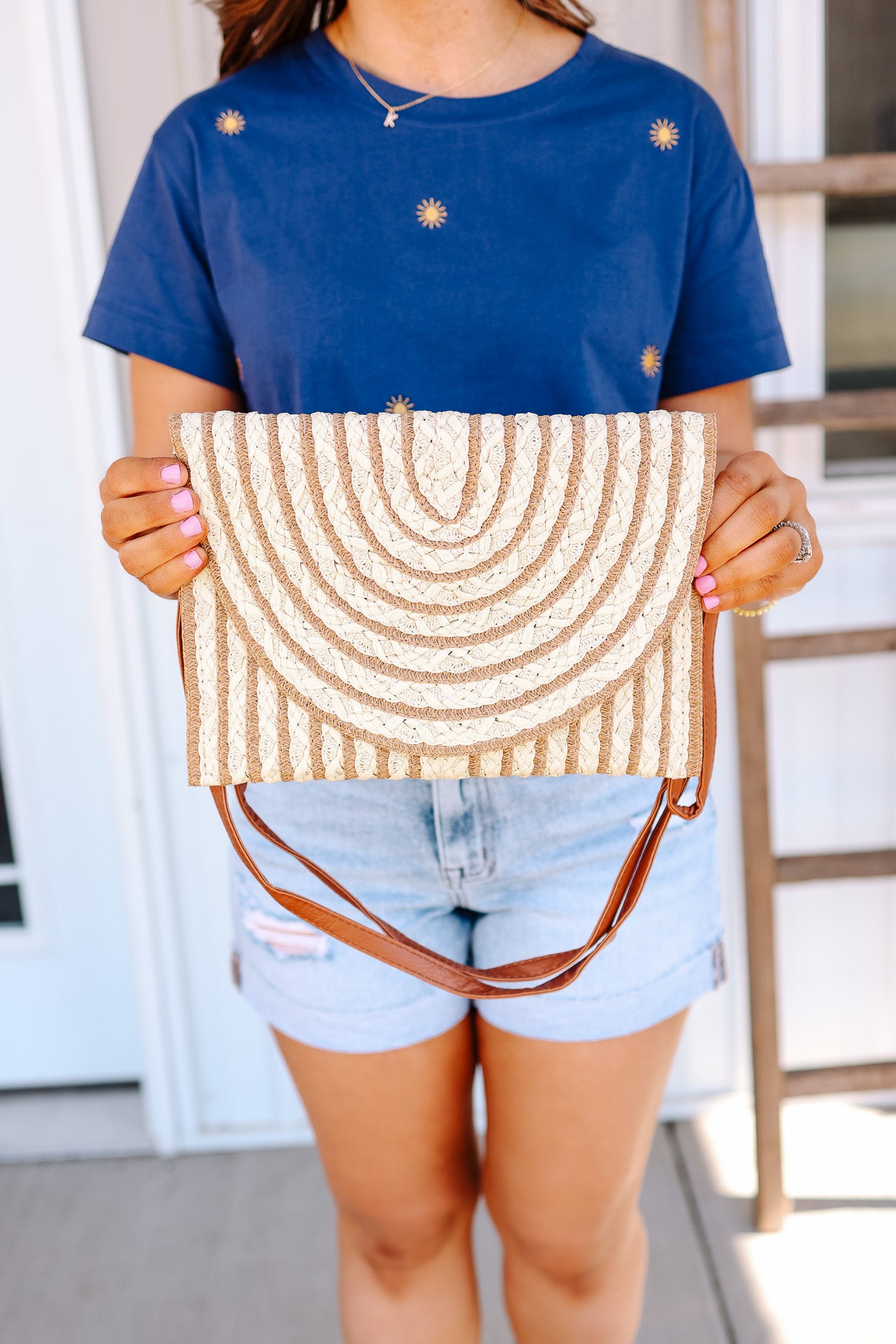 Color Striped Straw Clutch Bag - Taupe