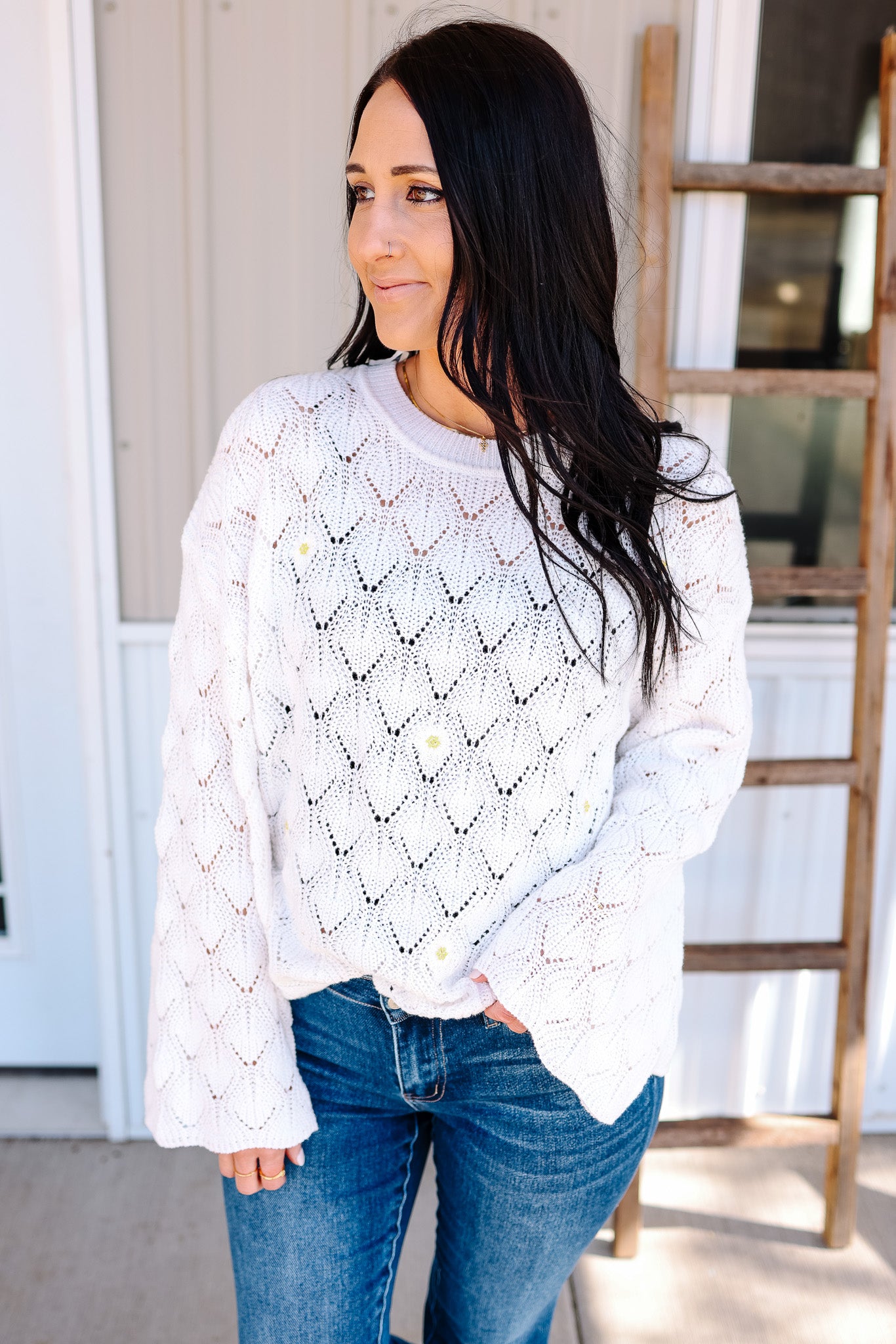 Daisy Embroidered Bell Sleeve Sweater - White