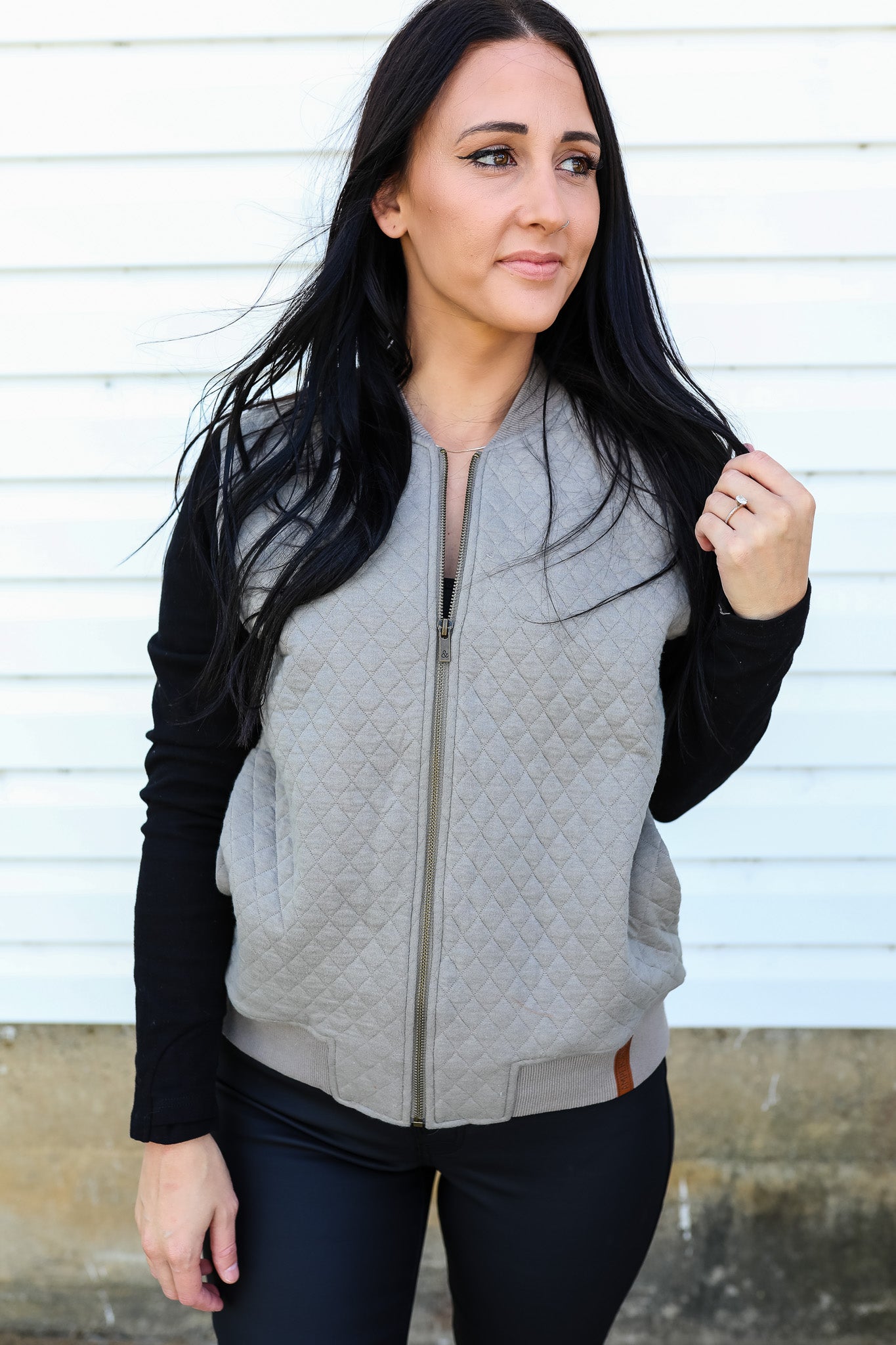 Quinn Quilted Bomber Jacket - Taupe & Black
