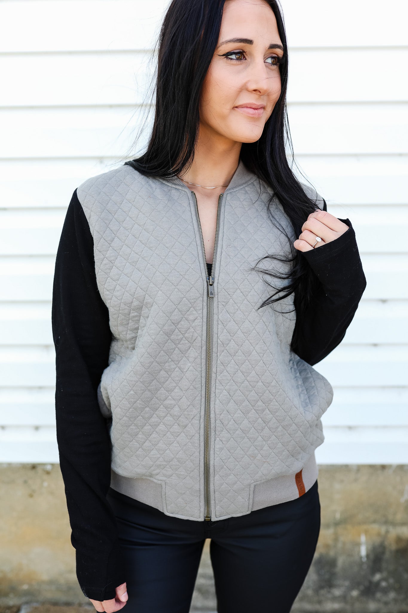 Quinn Quilted Bomber Jacket - Taupe & Black