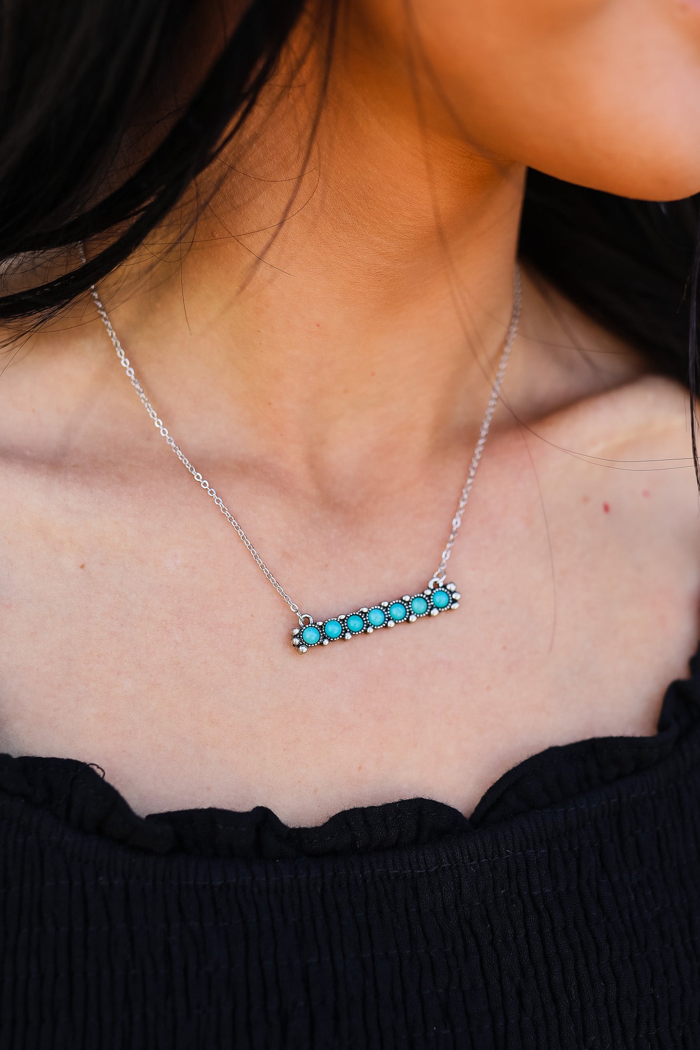 Stone Pendant Bar Necklace - Turquoise