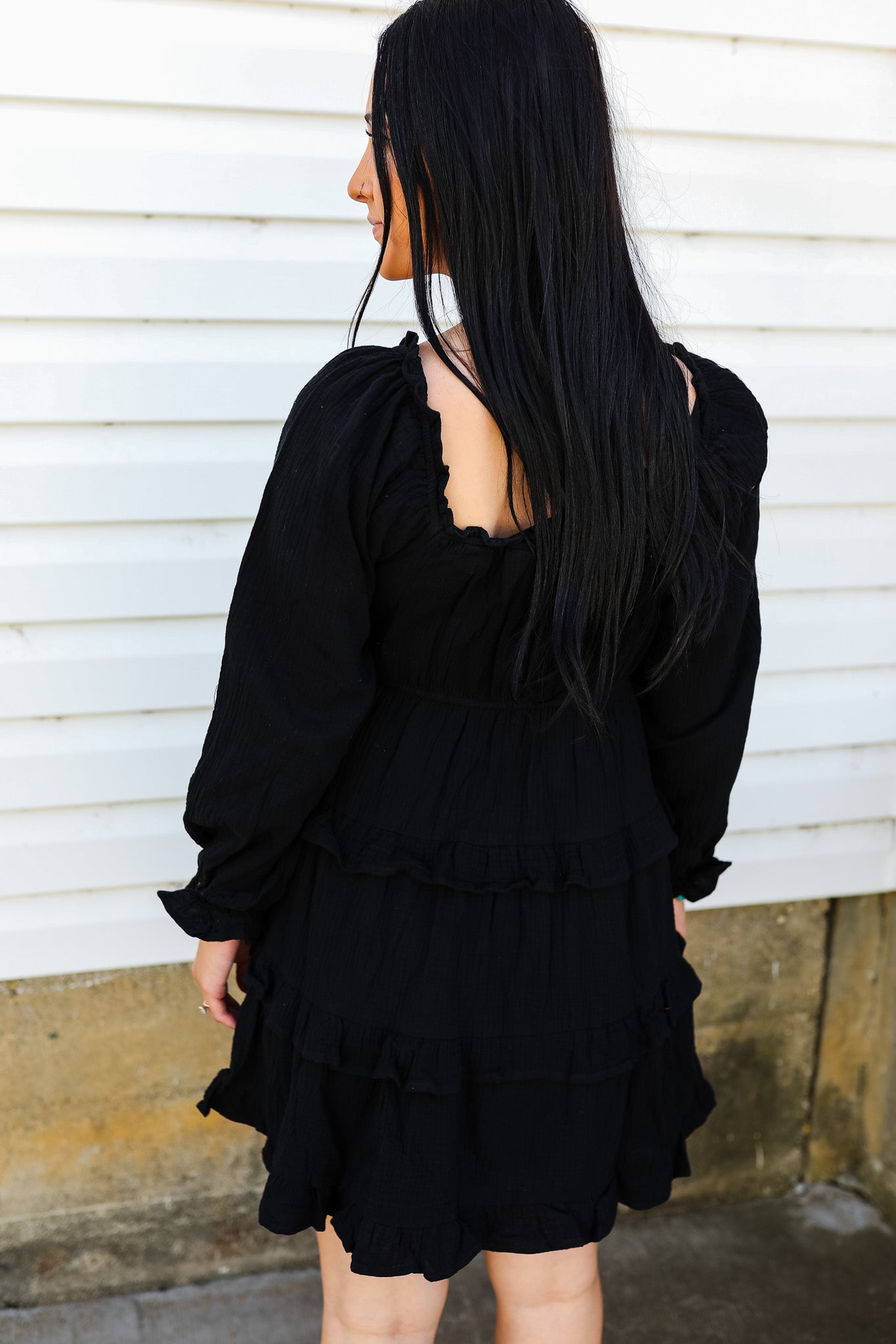 Emilia Square Neck Smocked Dress - Black