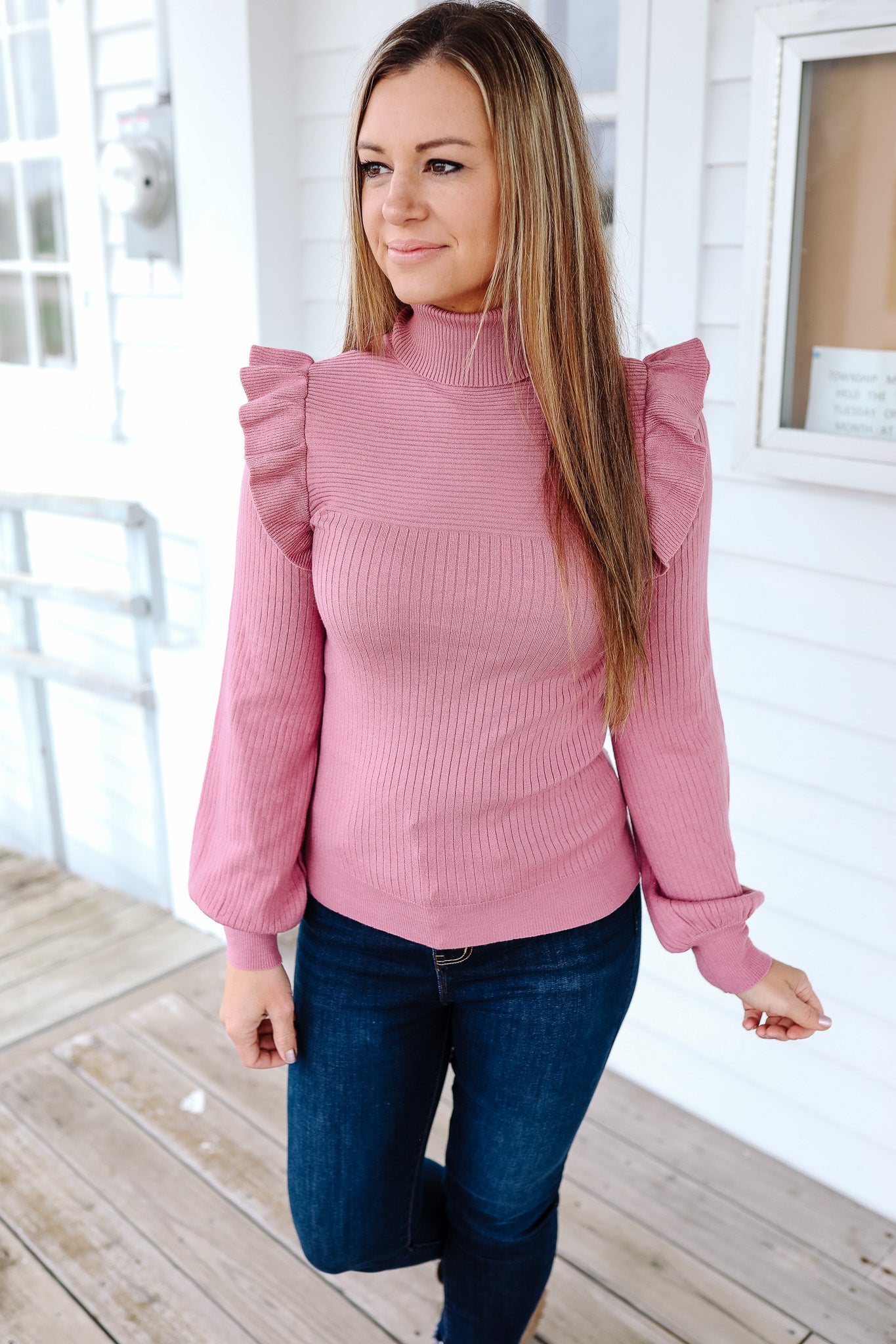 Vera Ruffled Shoulder Sweater - Slate Rose