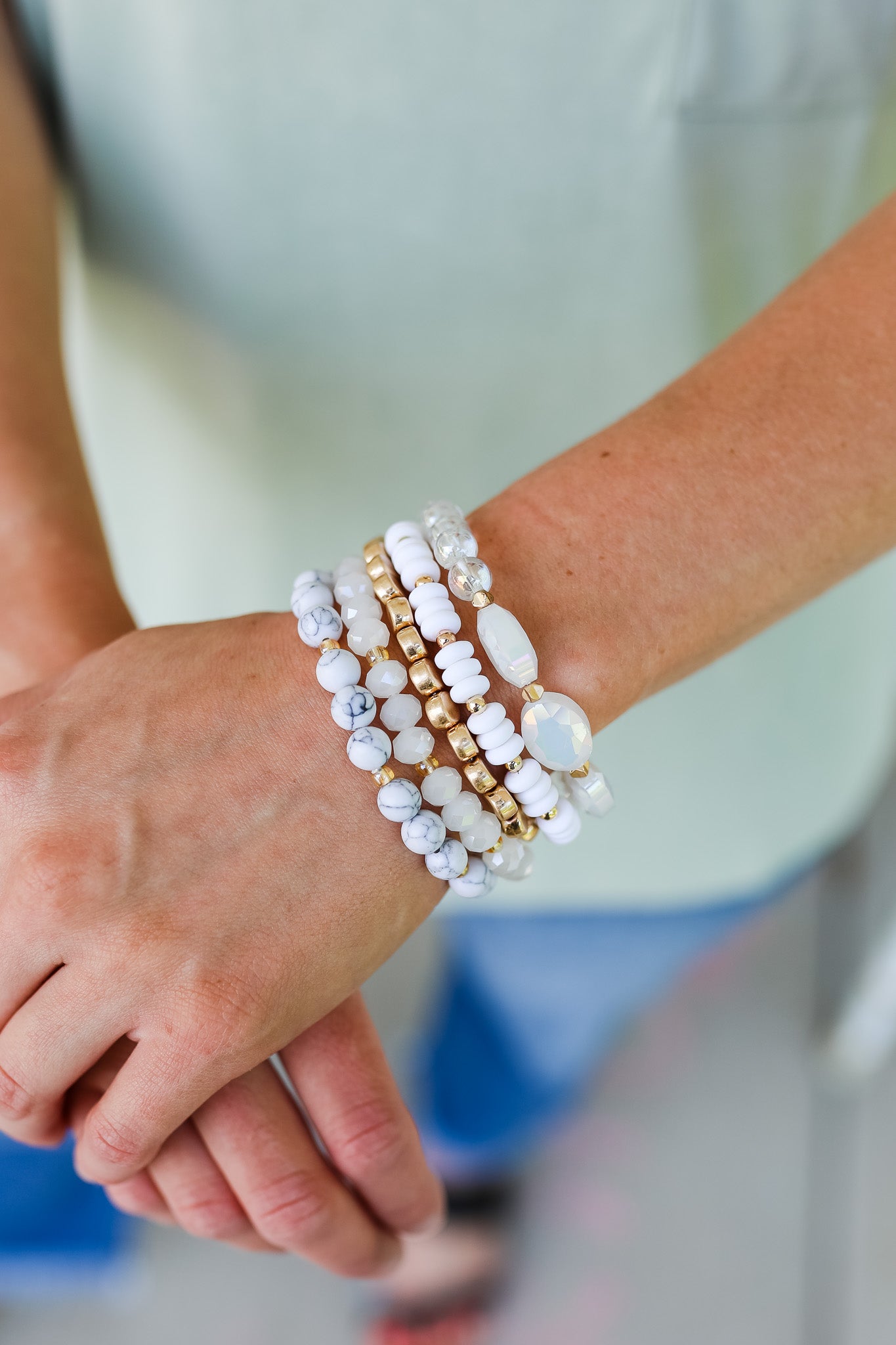 Kayla Multi Bead Stackable Bracelet Set - White