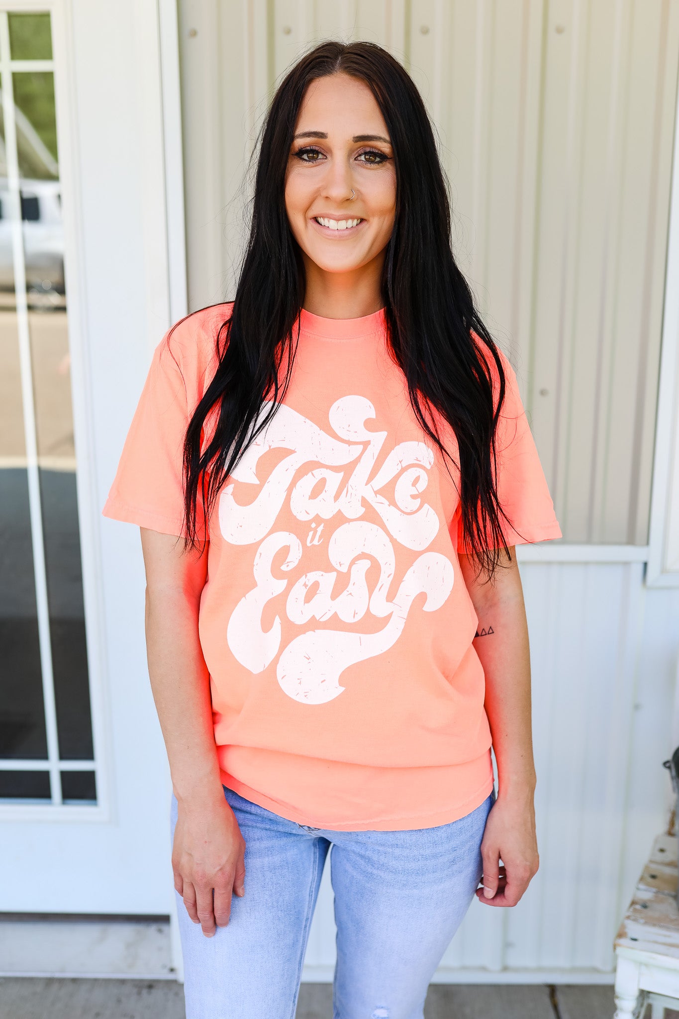 Take It Easy Graphic Tee - Neon Red Orange