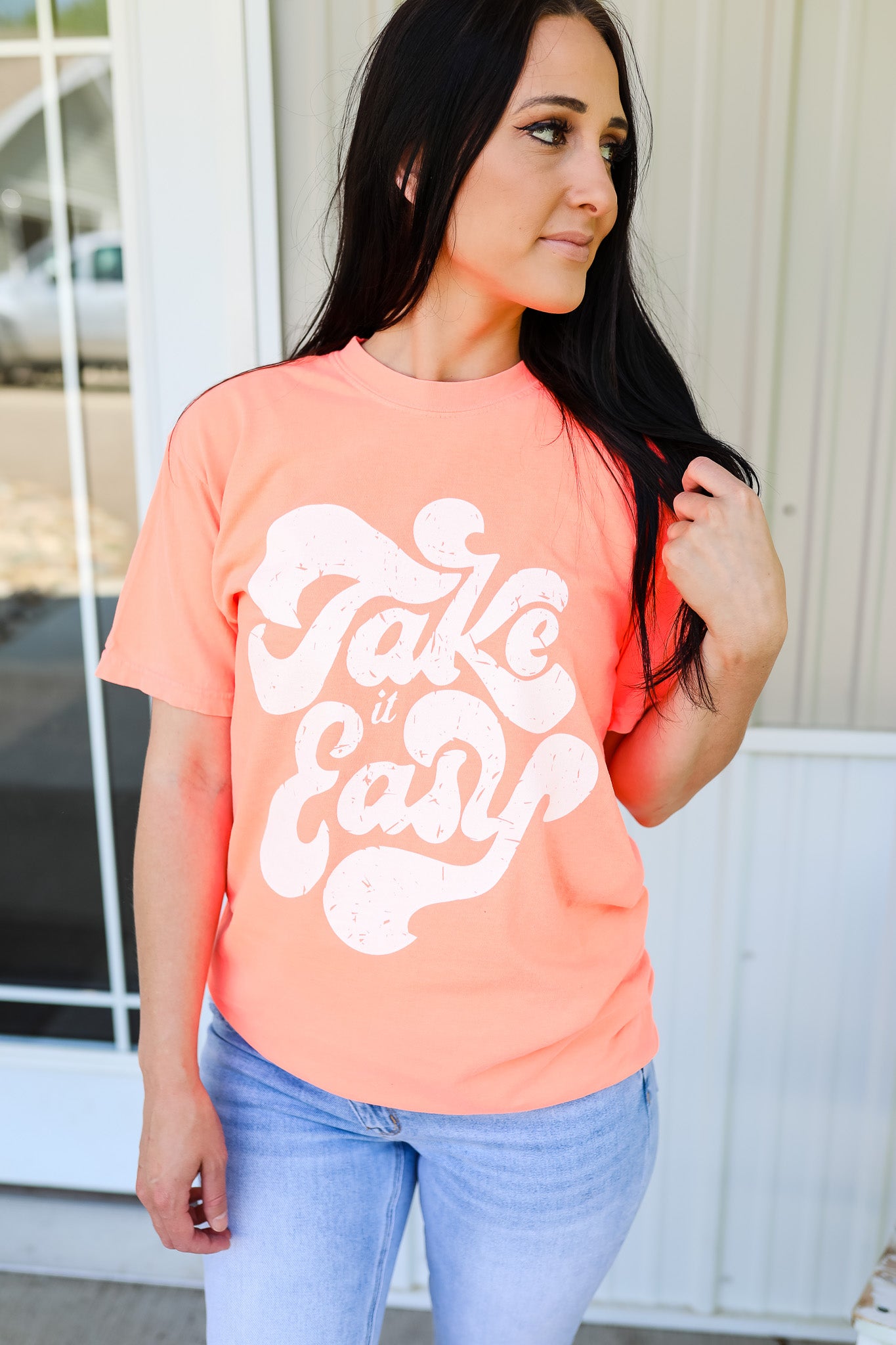 Take It Easy Graphic Tee - Neon Red Orange