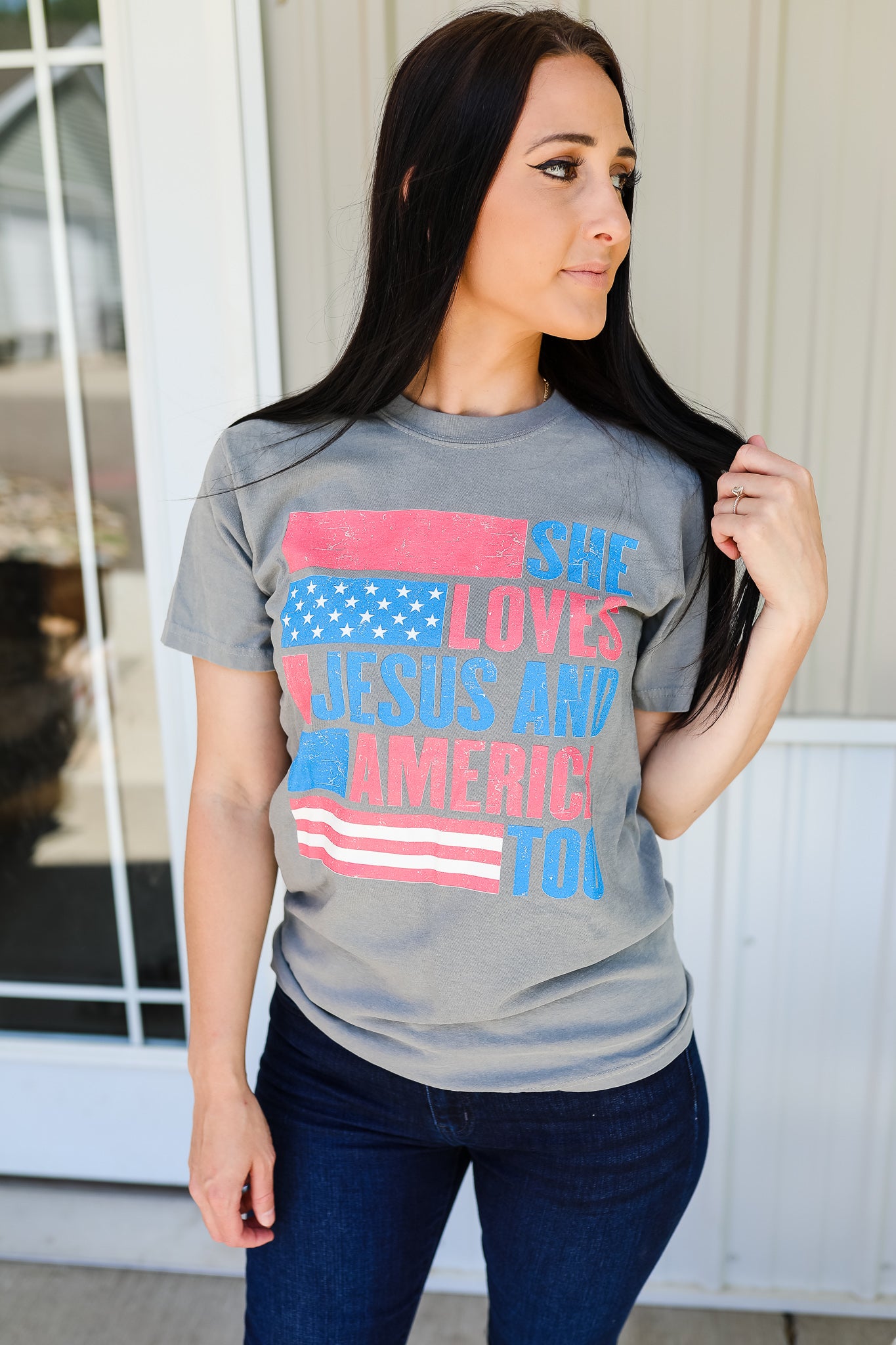 She Loves Jesus And America Too Graphic Tee - Light Grey