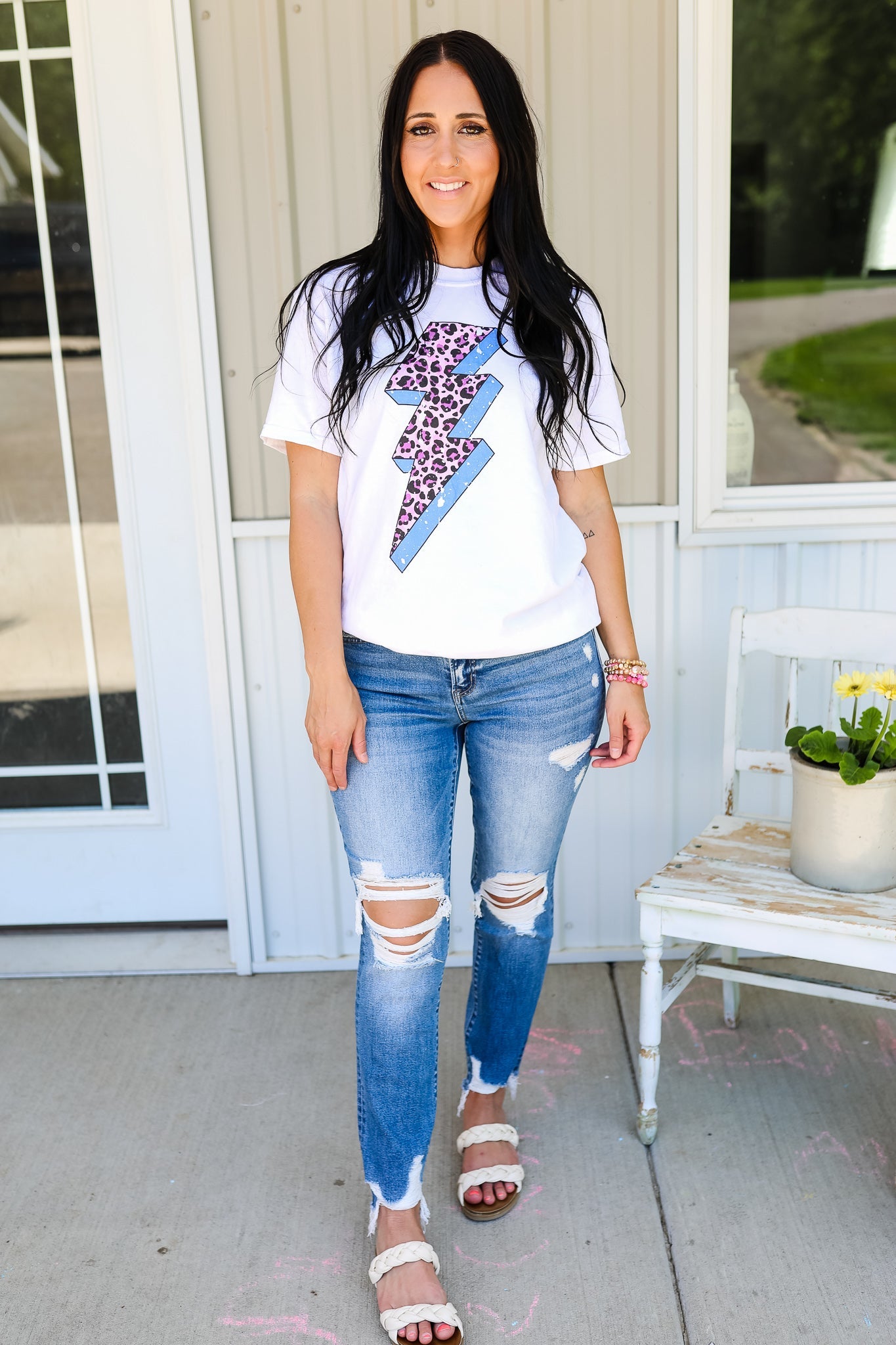Distressed Colorful Leopard Lightning Bolt Graphic Tee - White