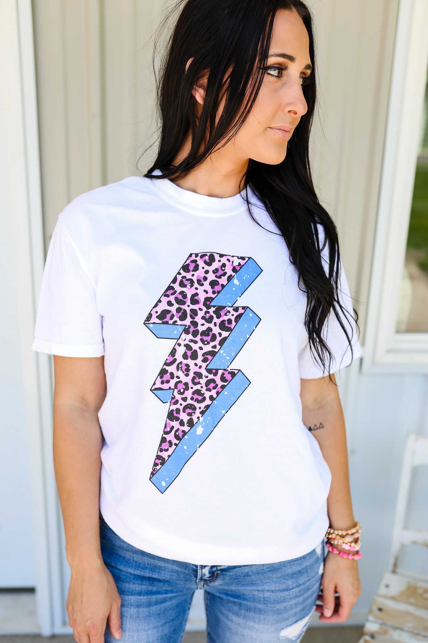 Distressed Colorful Leopard Lightning Bolt Graphic Tee - White