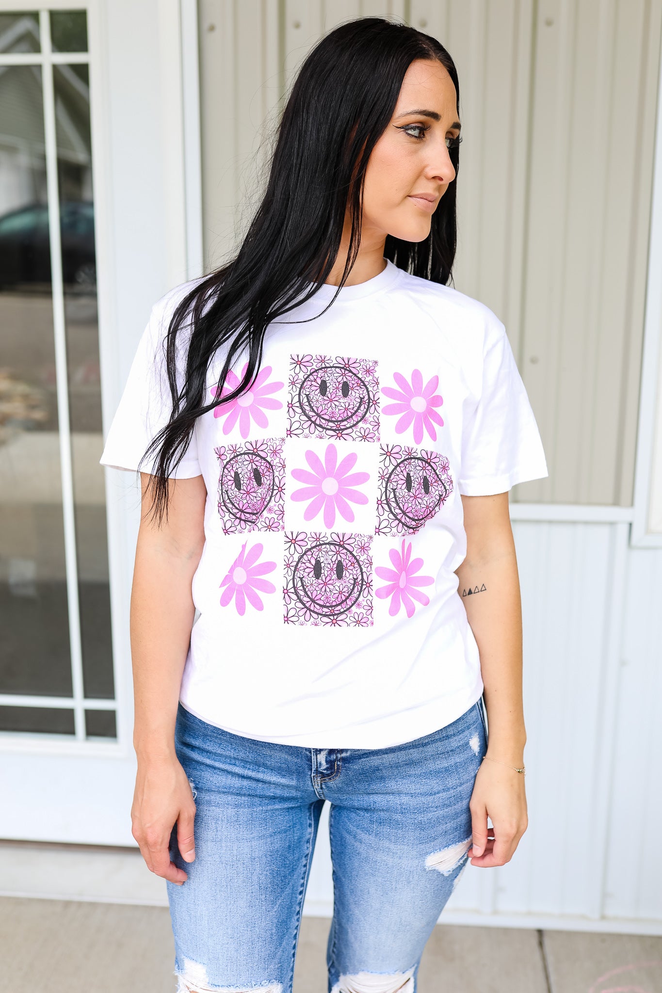 Flower Checker Board Happy Face Graphic Tee - White