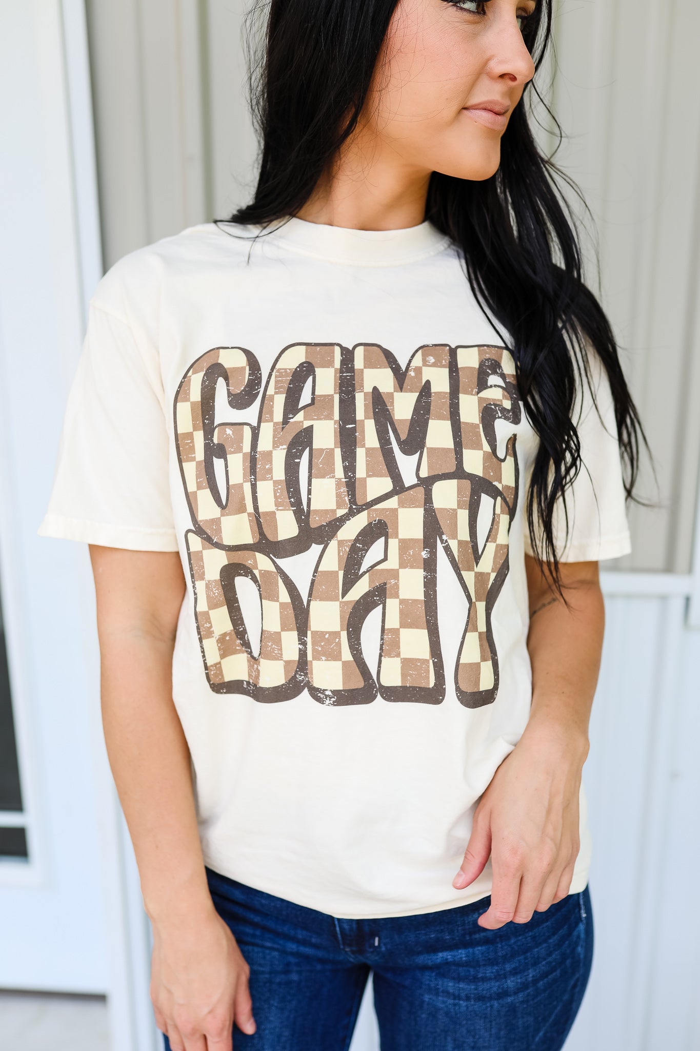 Tan Checkered Game Day Graphic Tee - Ivory