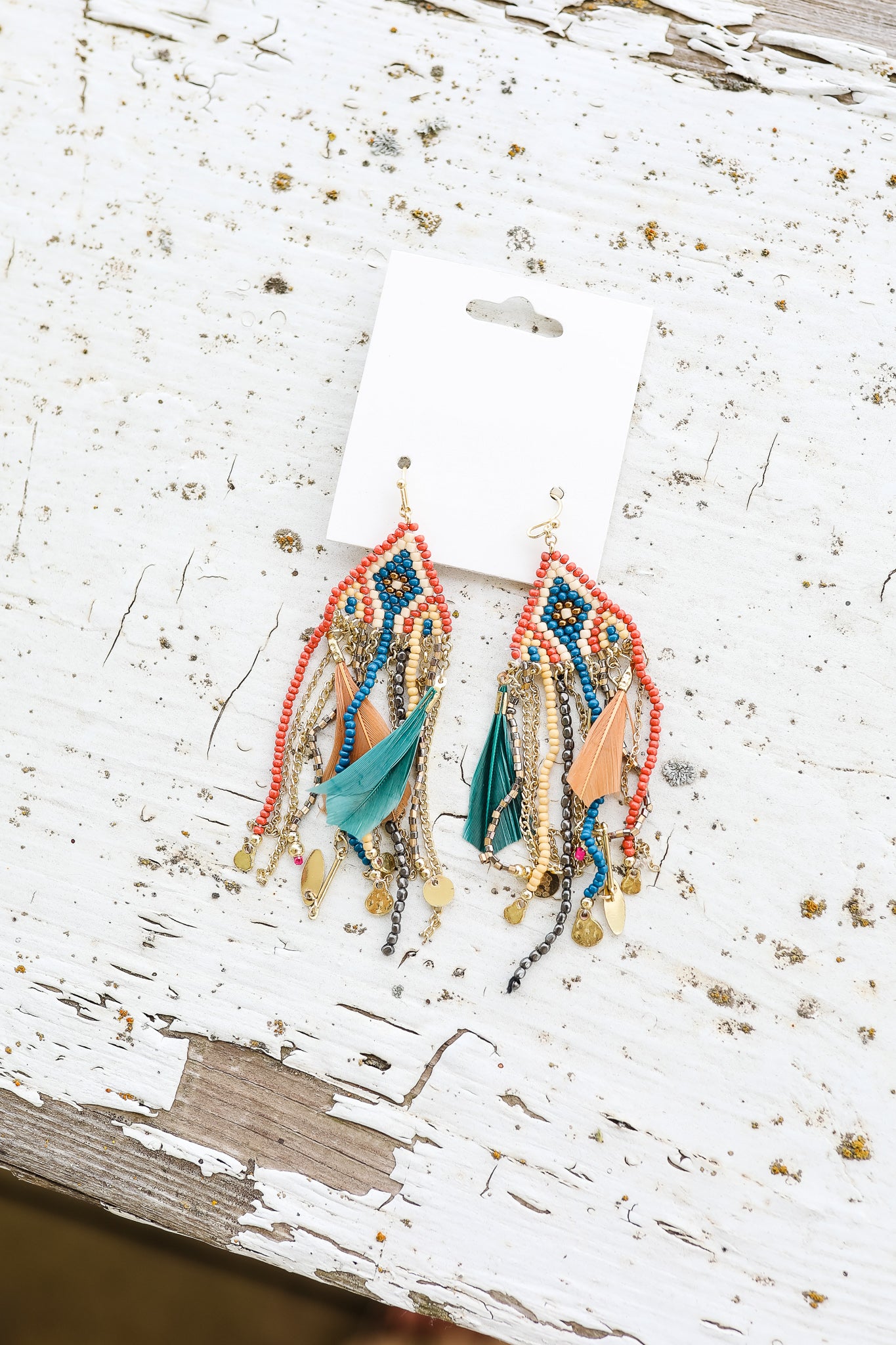 Feather Bead Chain Earrings - Rust