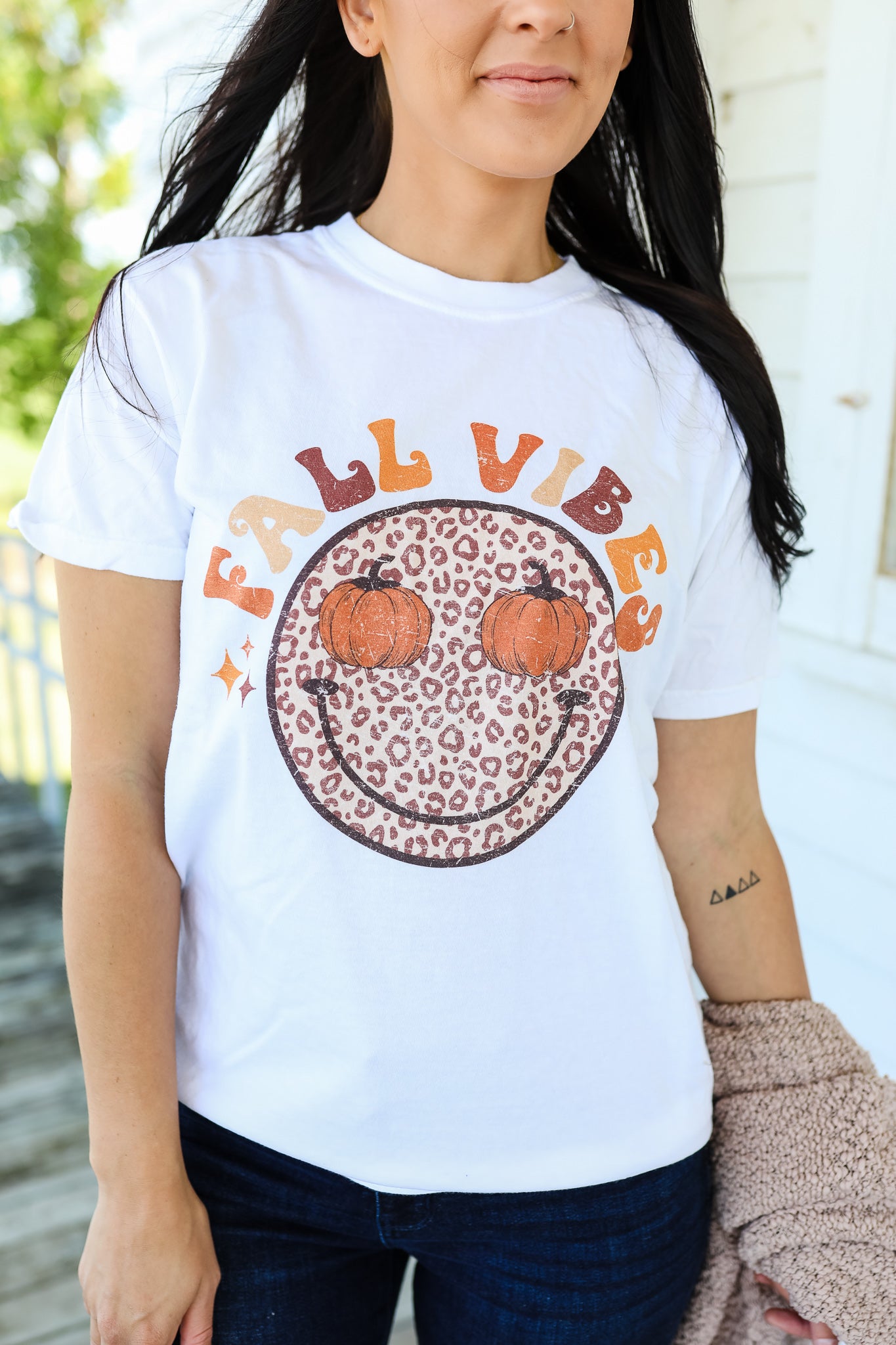 Fall Vibes Pumpkin Happy Face Graphic Tee - White
