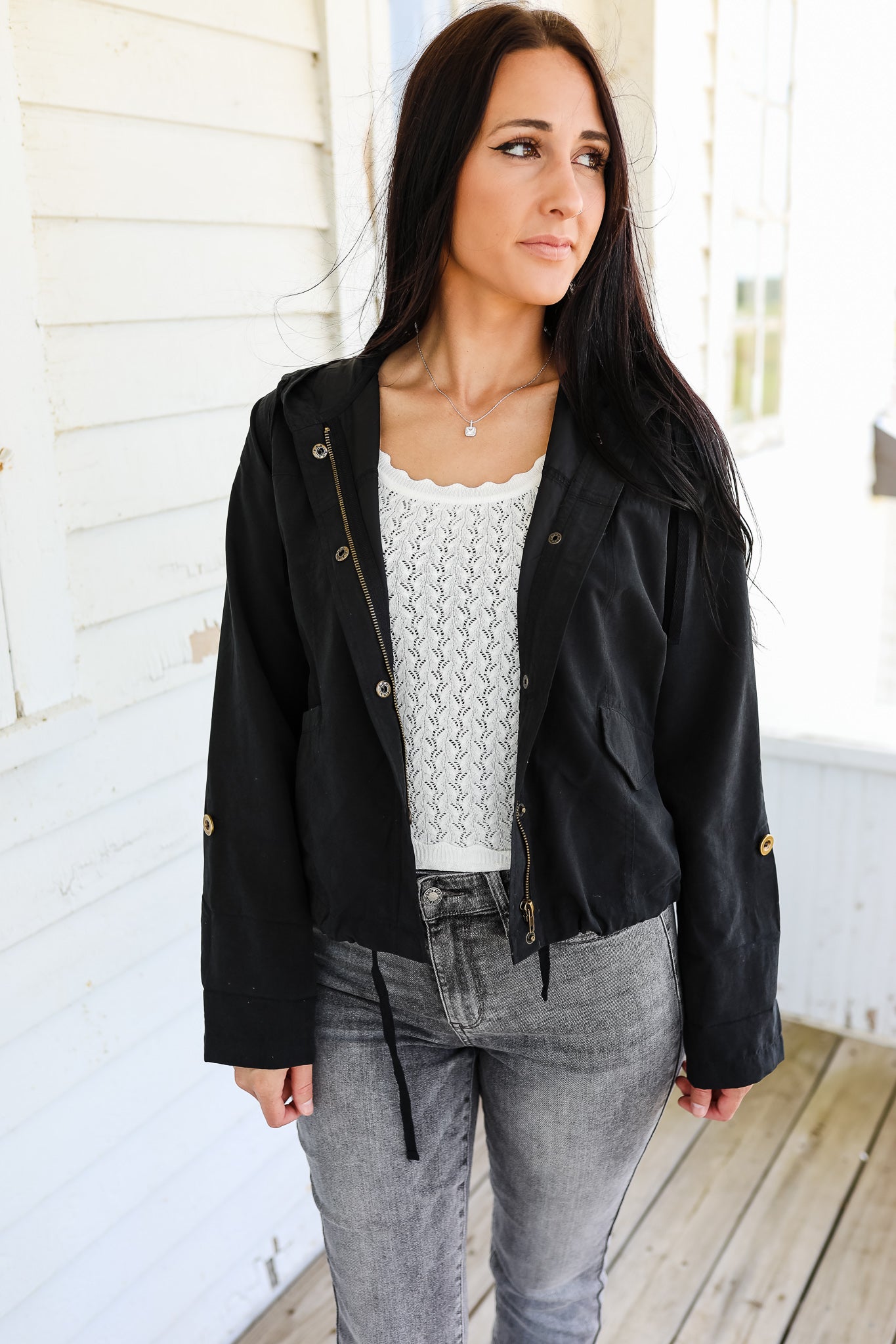 Olivia Snap Button Hooded Jacket - Black