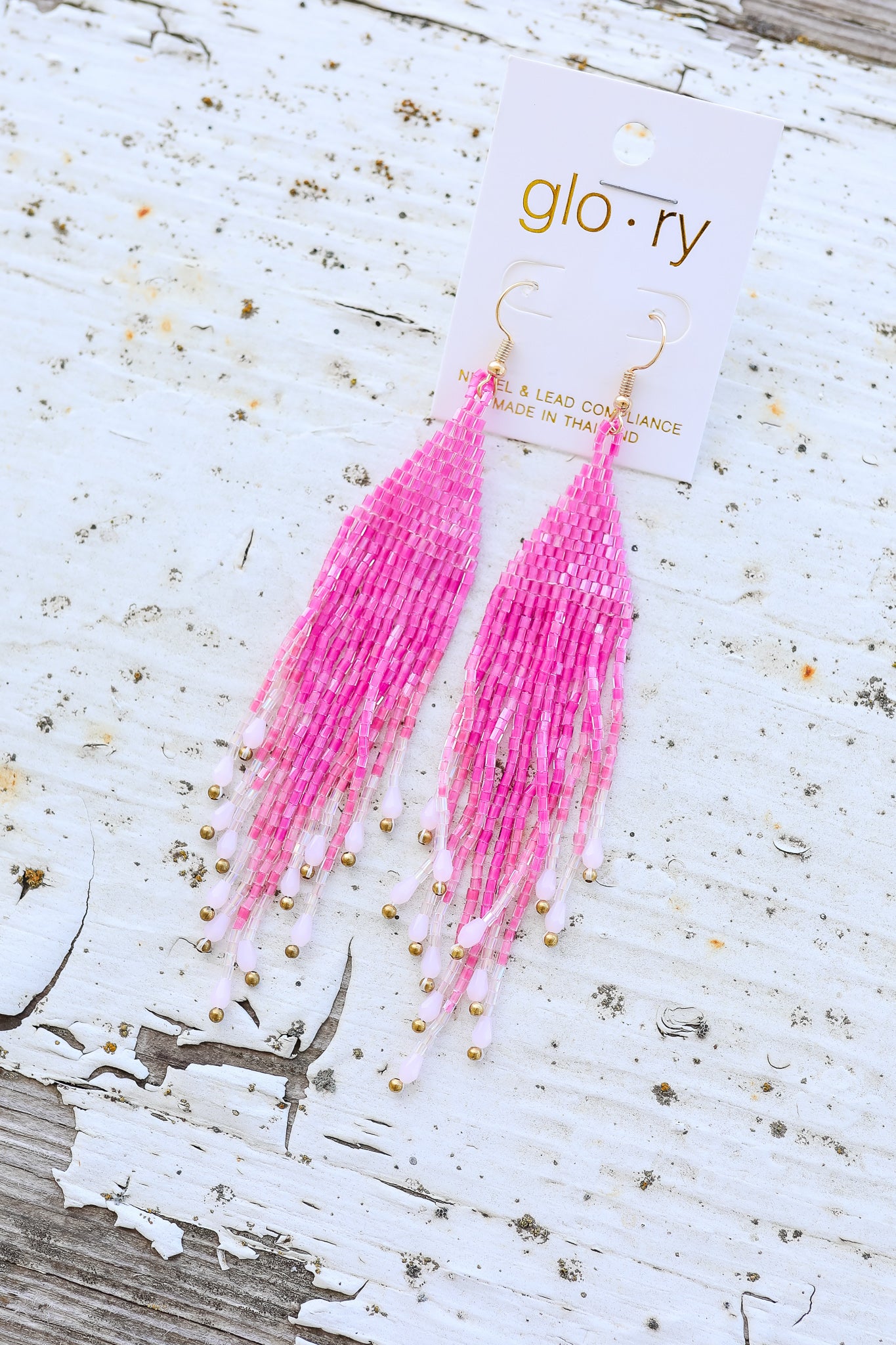 Seed Beaded Fringe Earrings - Pink