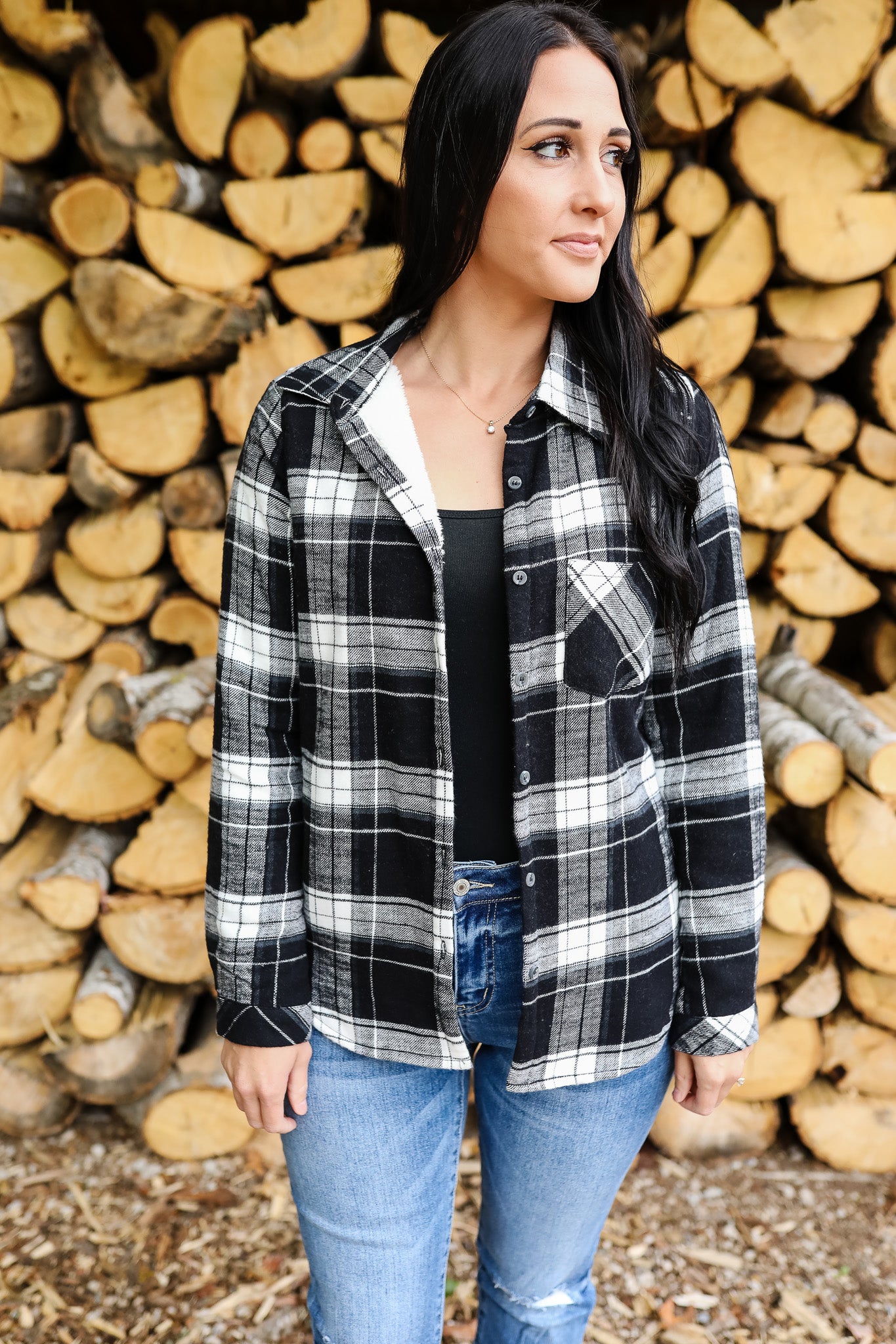 Harlow Sherpa Plaid Button Up - Black