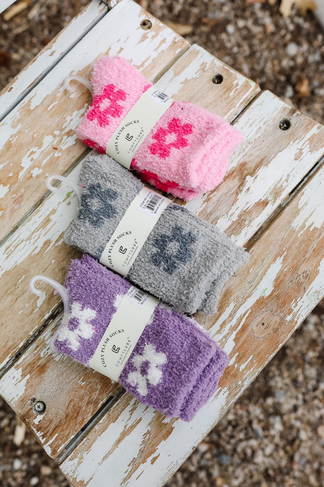 Comfy Luxe Cozy Plush Flower Socks - Purple, Grey, & Pink