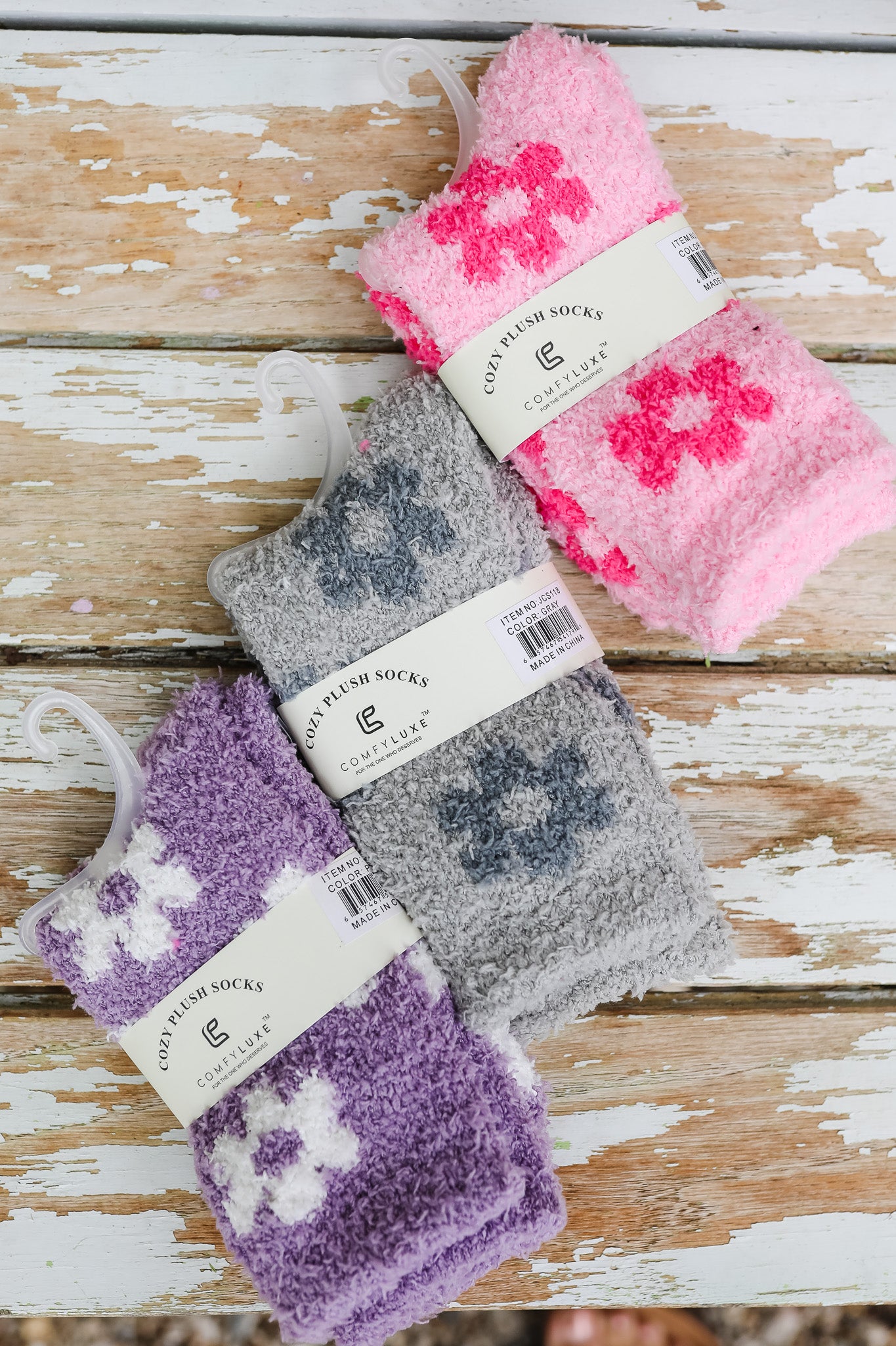 Comfy Luxe Cozy Plush Flower Socks - Purple, Grey, & Pink