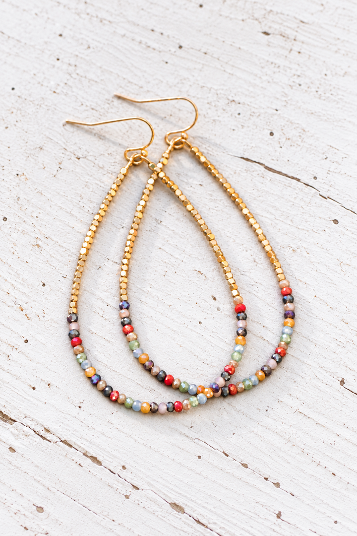 Gold Beaded Hollow Drop Earrings with Glass Beads - Multi