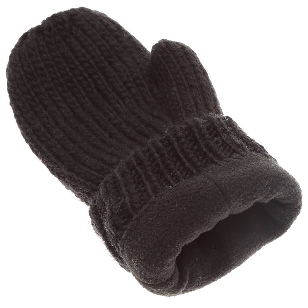 Fleece Lined Cable Knit Mittens - Black