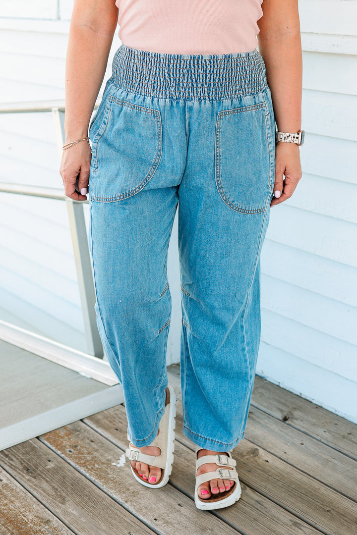 Ozzy Smocked Waistband Barrel Denim Pants