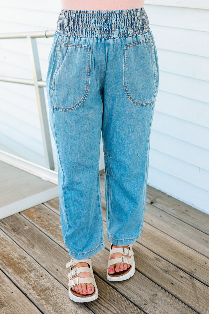 Ozzy Smocked Waistband Barrel Denim Pants