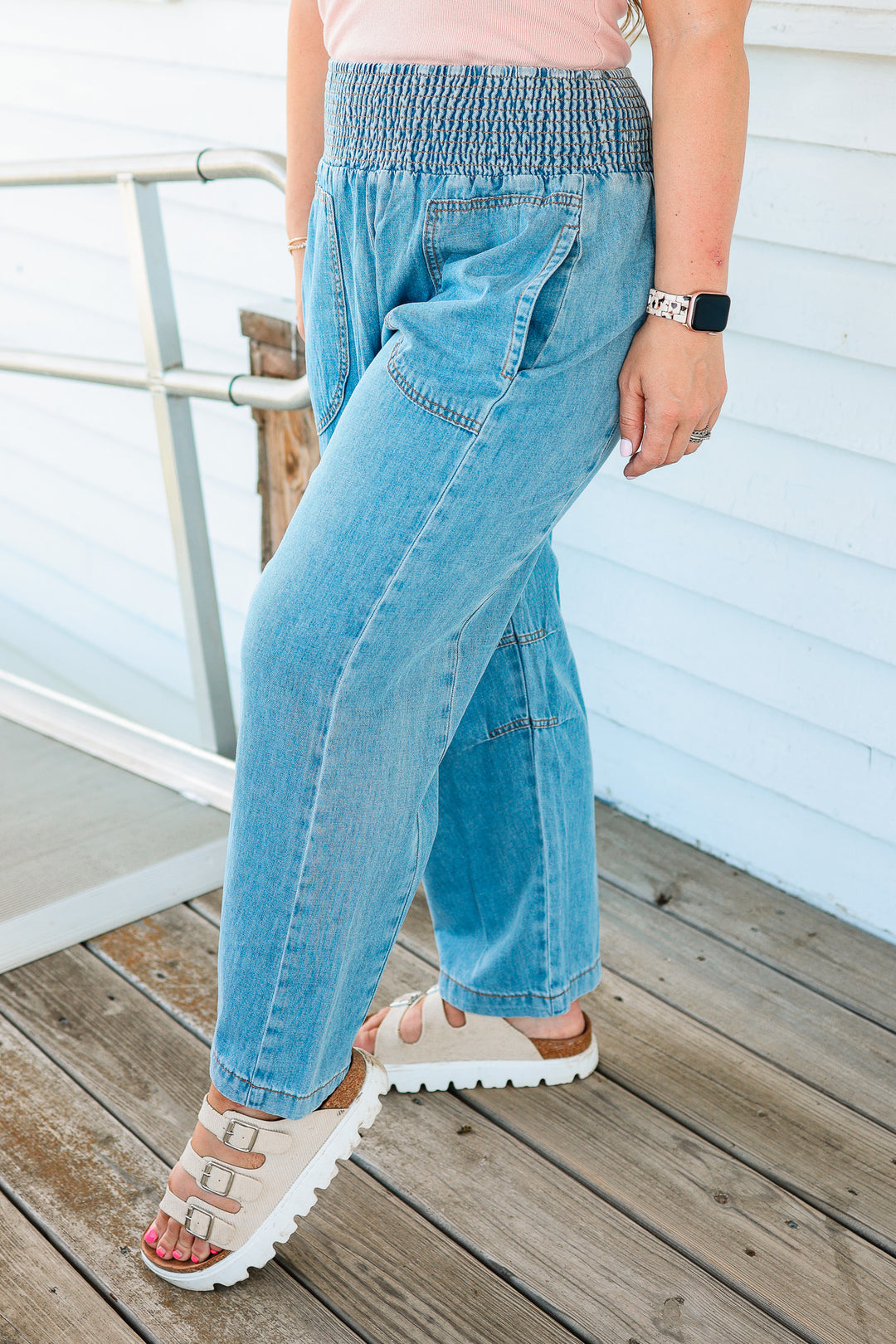 Ozzy Smocked Waistband Barrel Denim Pants