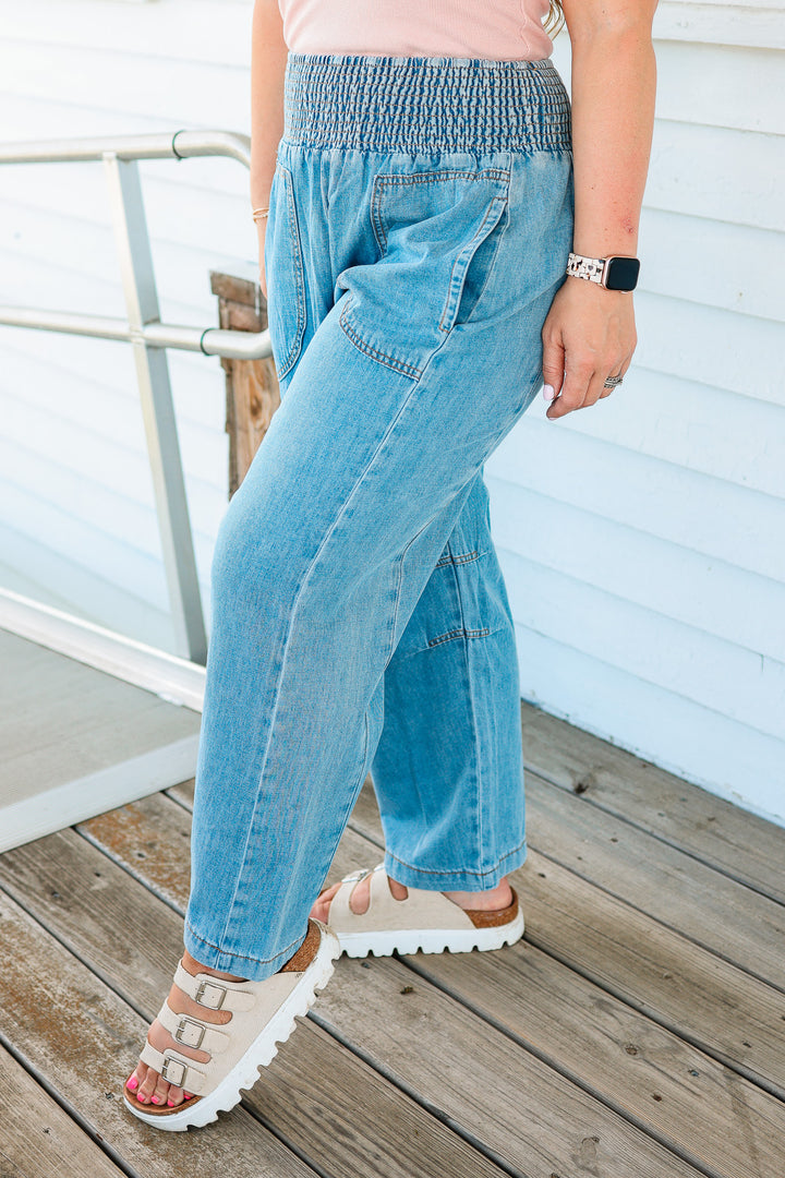Ozzy Smocked Waistband Barrel Denim Pants