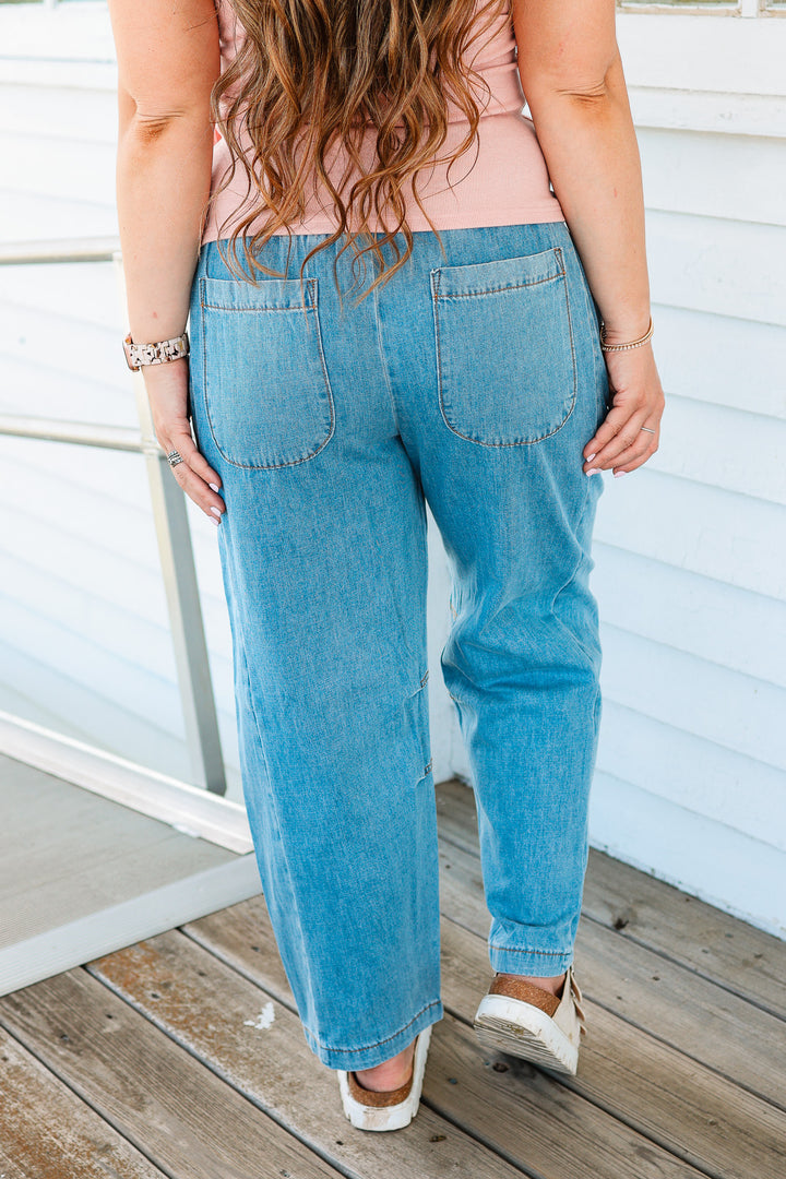 Ozzy Smocked Waistband Barrel Denim Pants