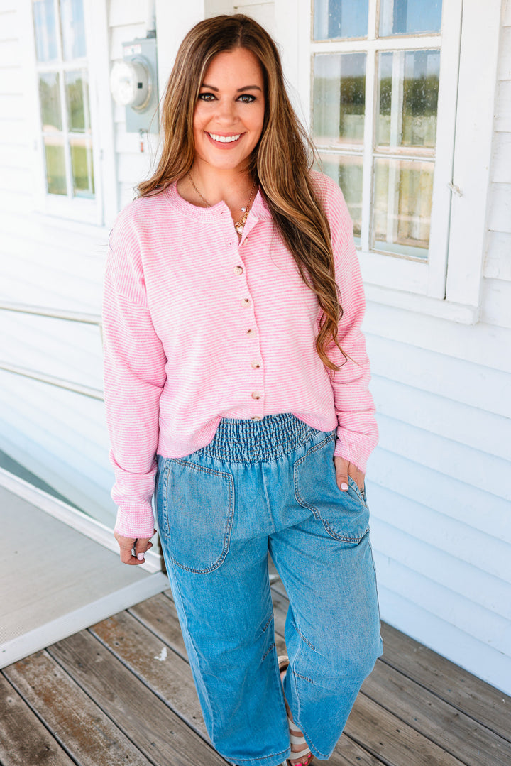 Elise Striped Button Down Sweater - Punch