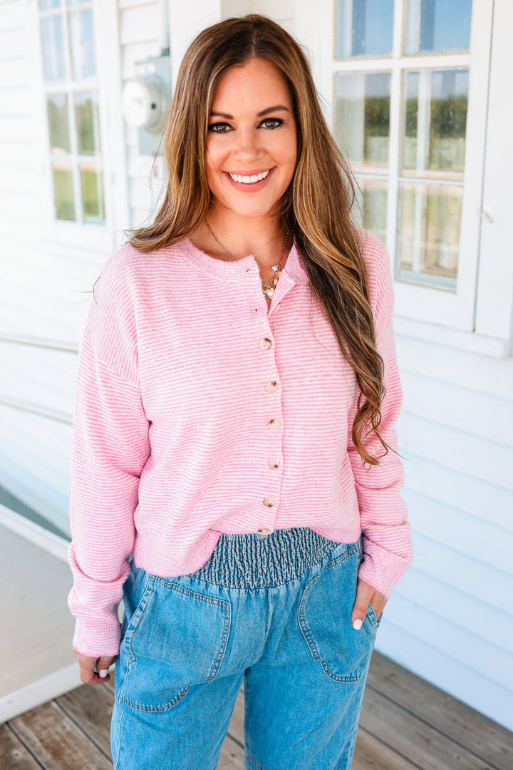 Elise Striped Button Down Sweater - Punch