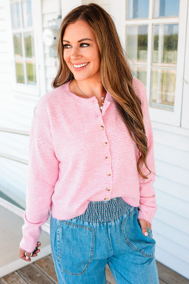 Elise Striped Button Down Sweater - Punch