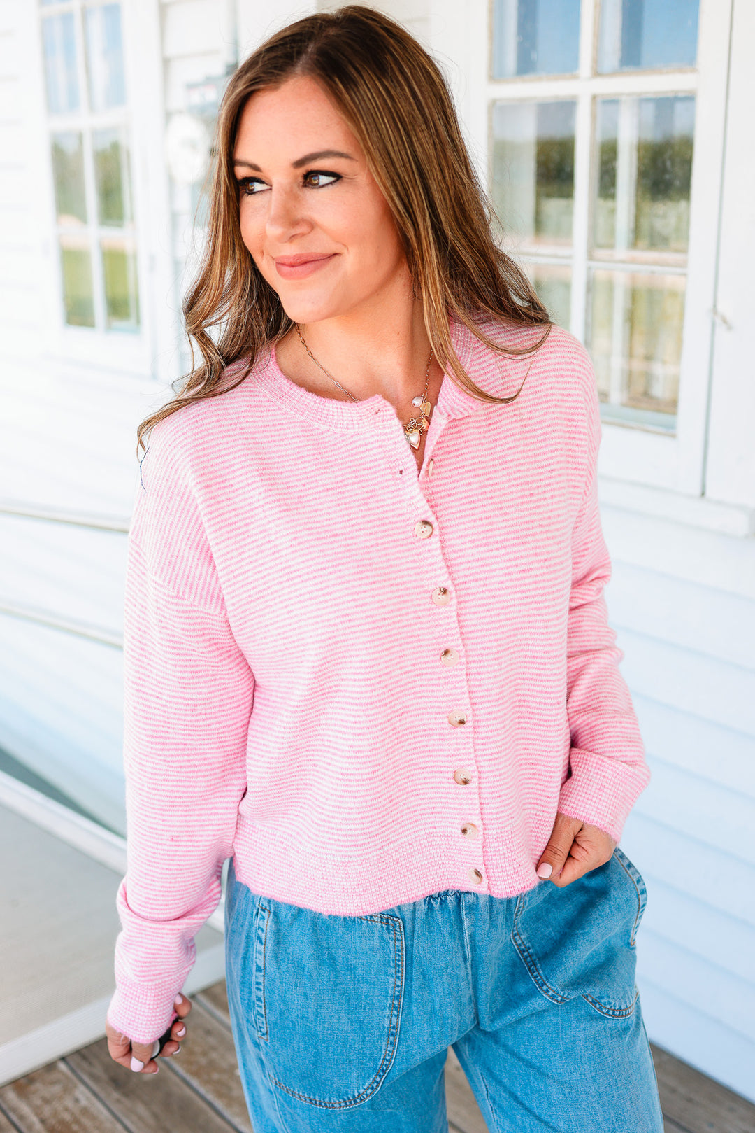 Elise Striped Button Down Sweater - Punch