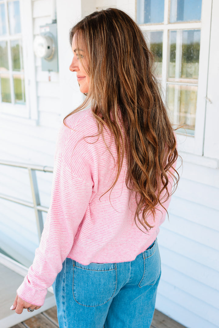Elise Striped Button Down Sweater - Punch