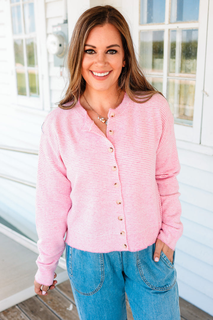 Elise Striped Button Down Sweater - Punch