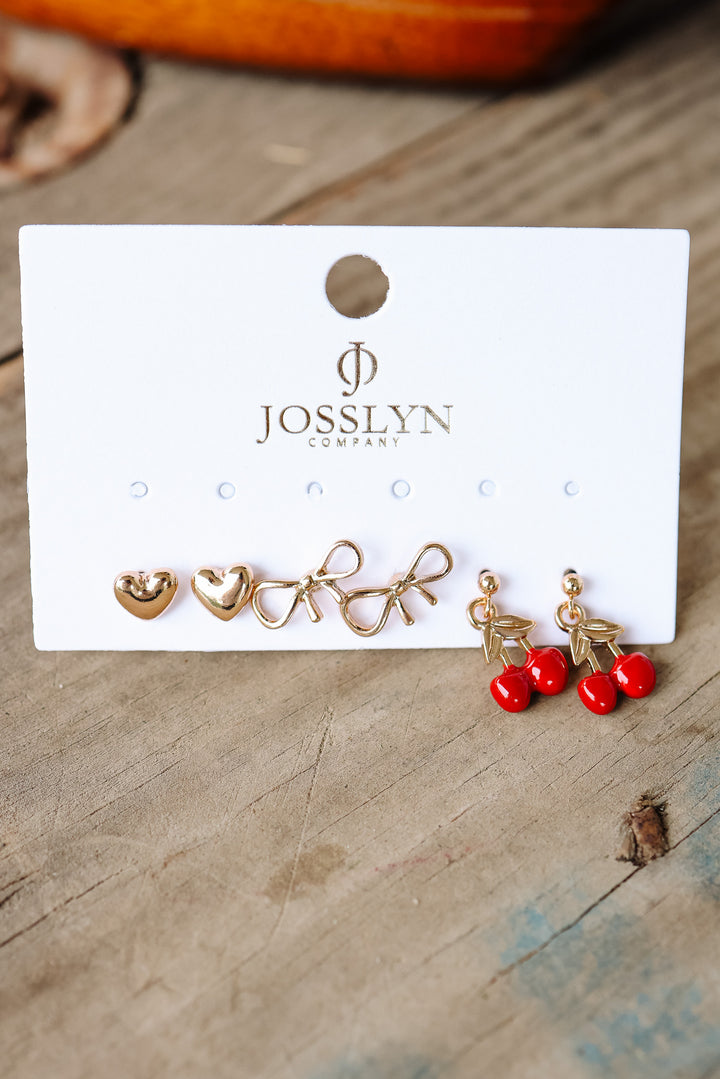 Trio Cherry Bow Heart Stud Earrings