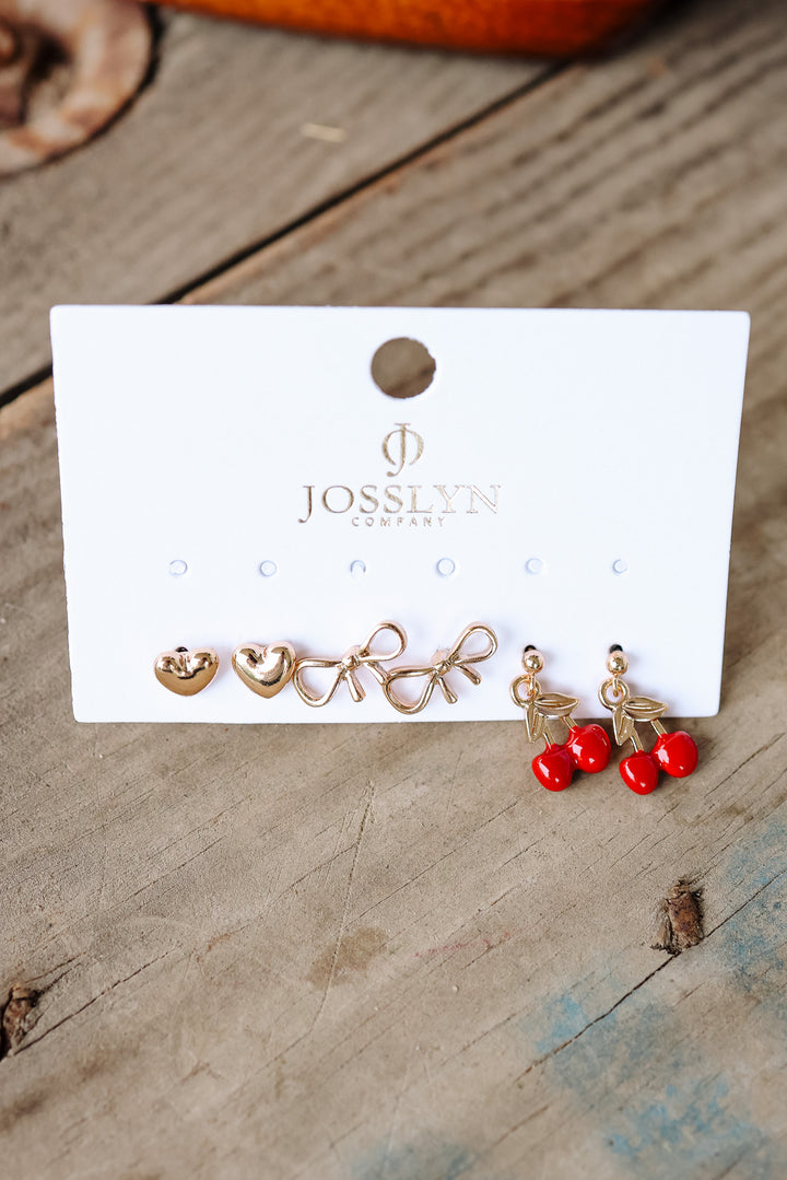 Trio Cherry Bow Heart Stud Earrings