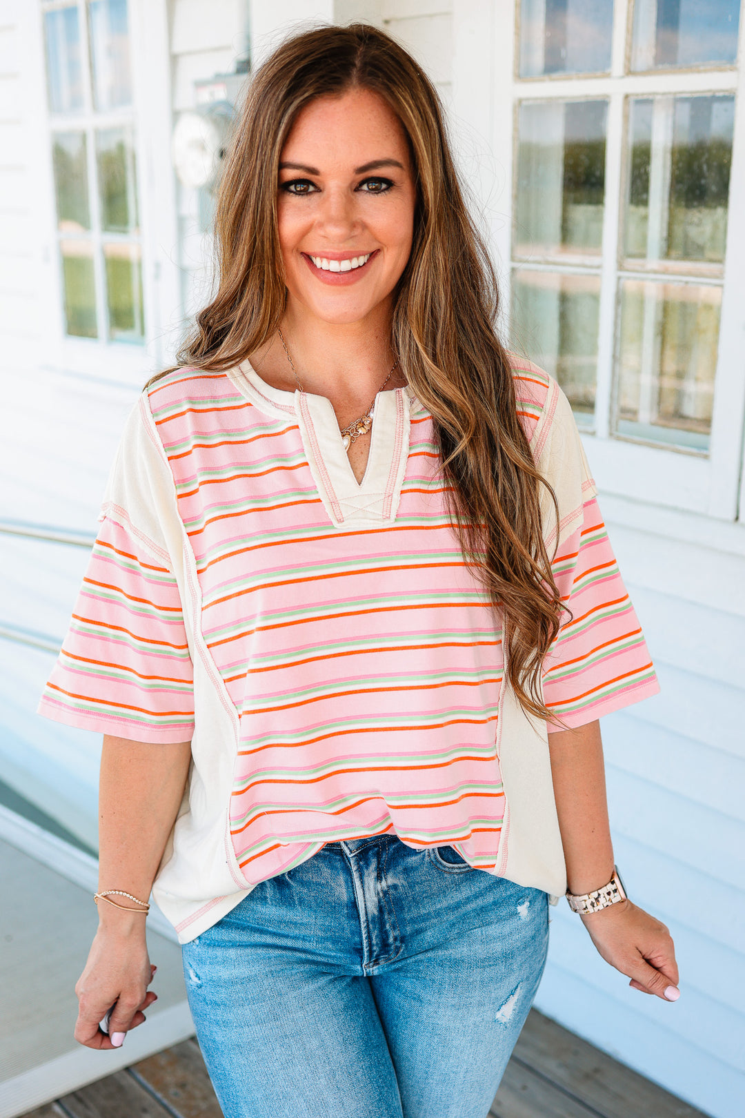 Thea V-Neck Striped Knit Top