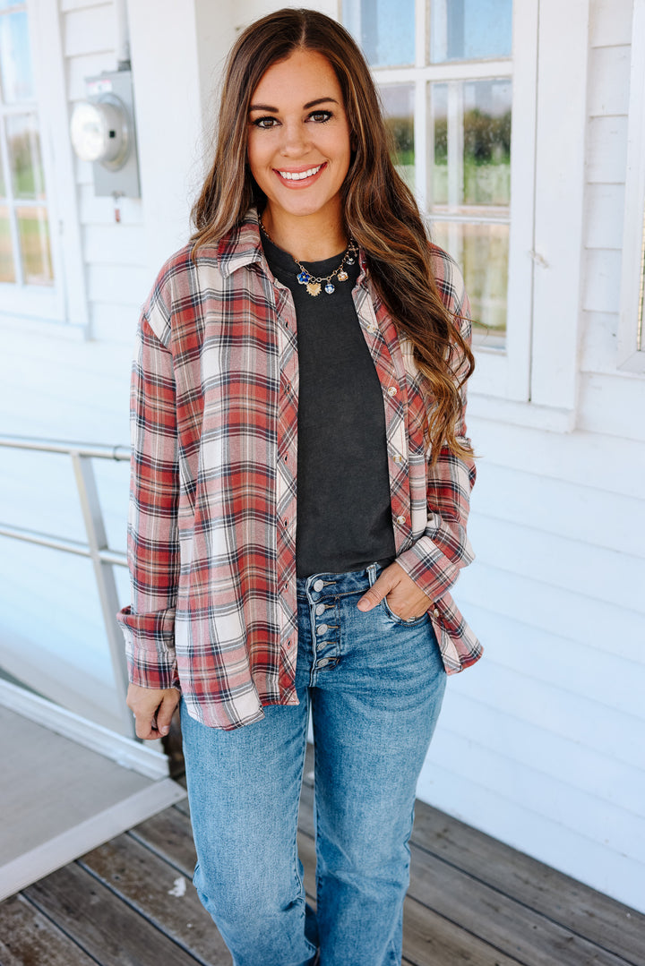 Kayla Classic Plaid Button Down - Rosewood