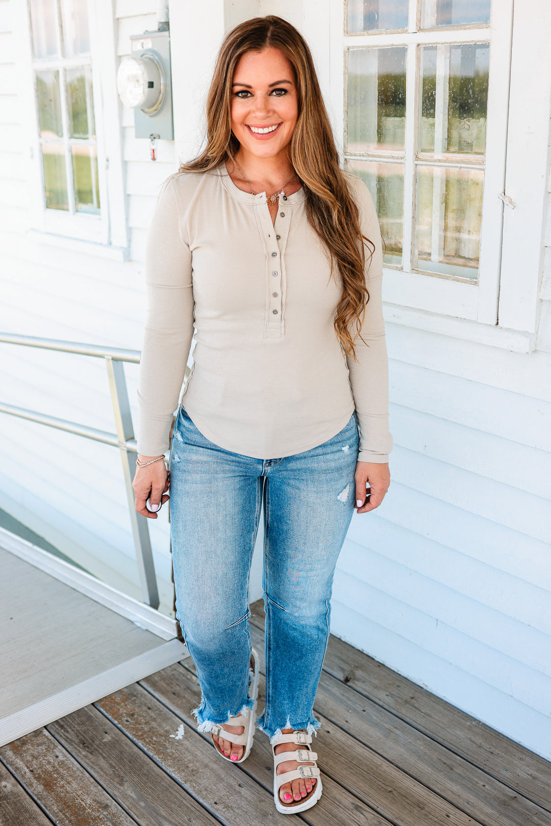 Mara Henley Long Sleeve Top - Oat
