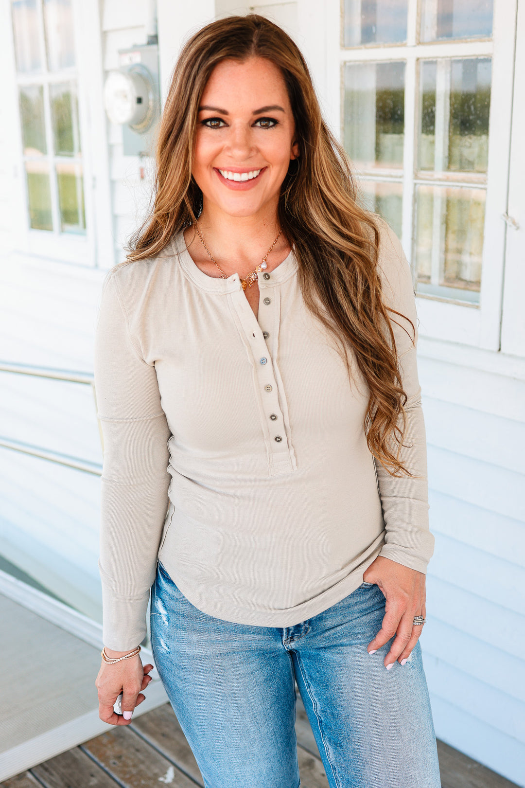 Mara Henley Long Sleeve Top - Oat