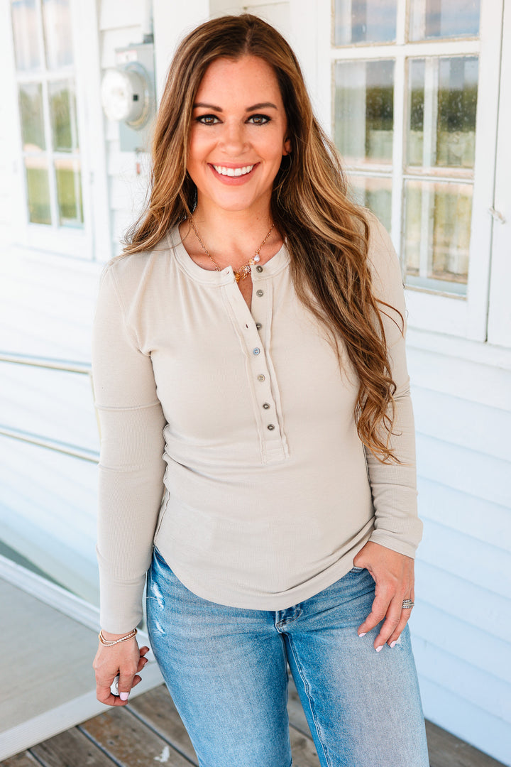 Mara Henley Long Sleeve Top - Oat
