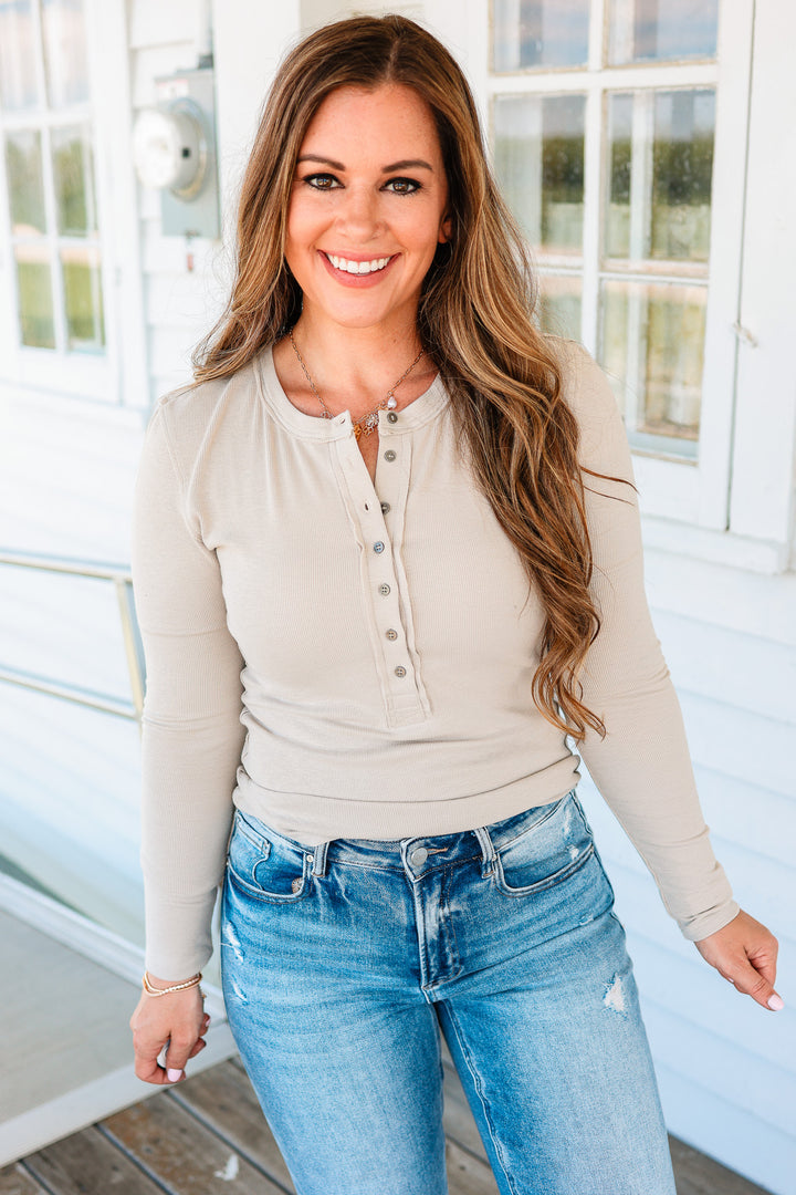 Mara Henley Long Sleeve Top - Oat