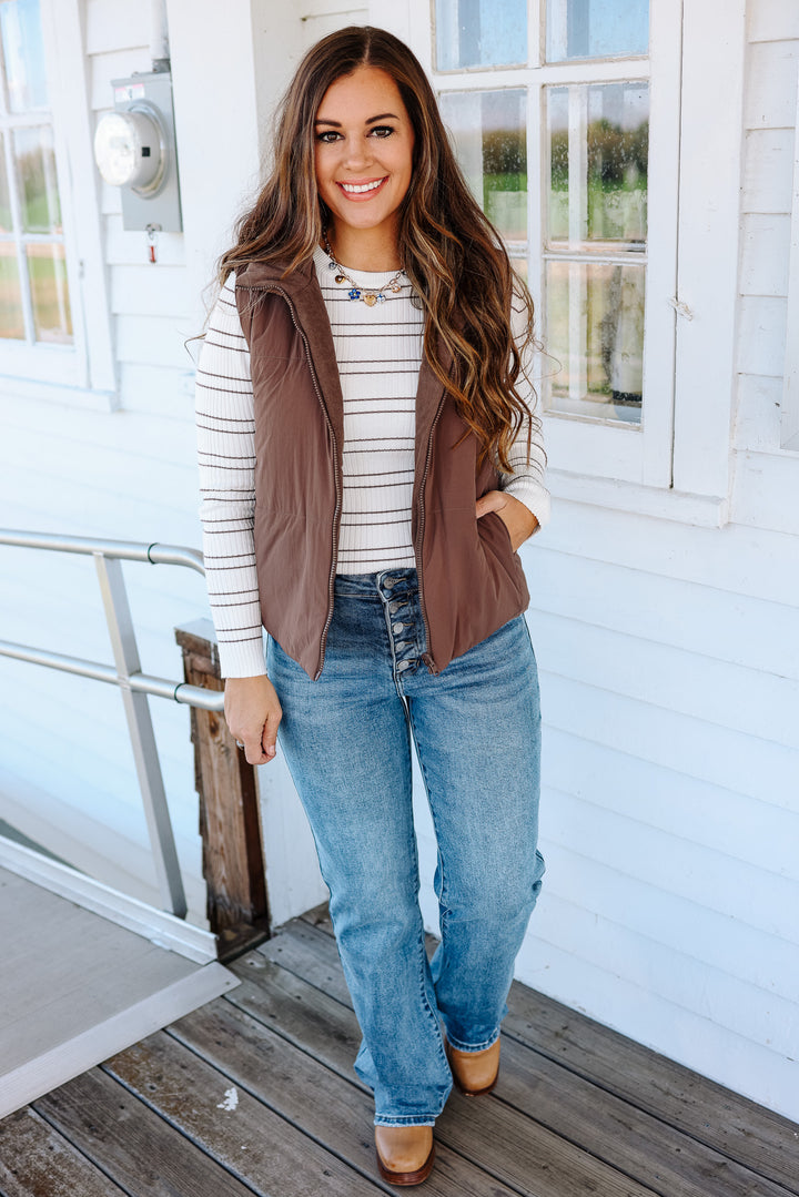 Brinley Corduroy Reversible Puffer Vest - Brown