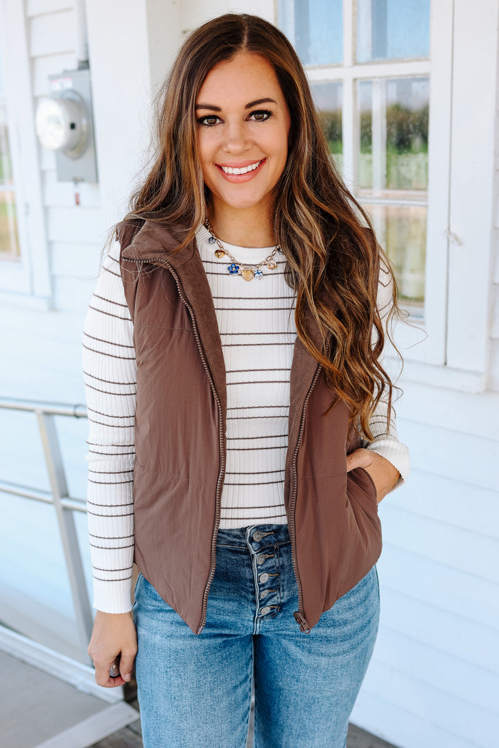 Brinley Corduroy Reversible Puffer Vest - Brown