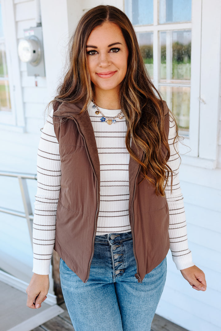 Brinley Corduroy Reversible Puffer Vest - Brown