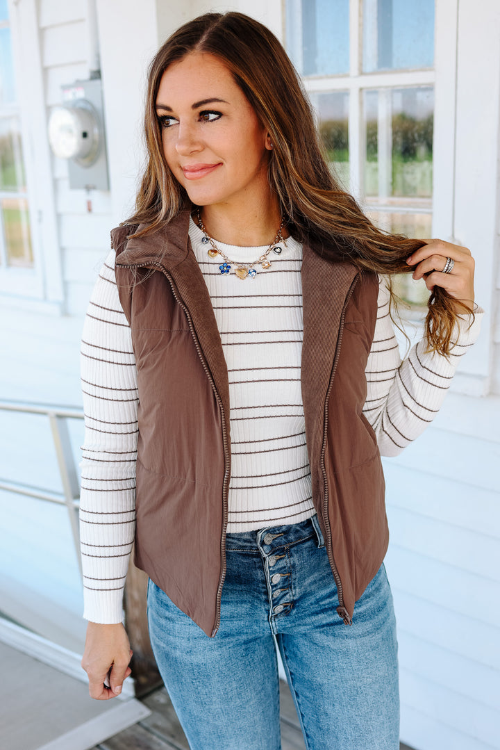 Brinley Corduroy Reversible Puffer Vest - Brown