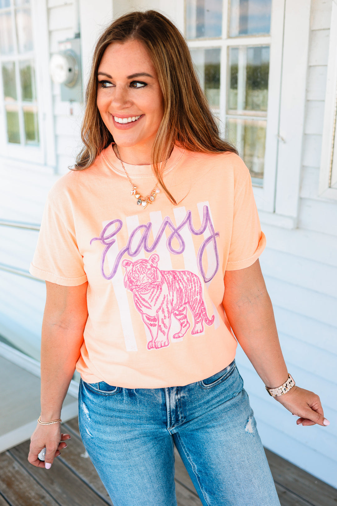 Easy Tiger Striped Graphic Tee - Neon Cantaloupe